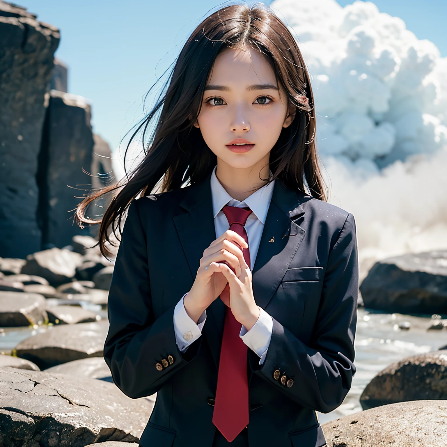 (masutepiece, Best Quality:1.2), 8K, Official art, Wearing a suit、Five Fingers、Full body photo, full body Esbian、Suit Beauty、Big Dipper in the background、star explosion、Beautiful barefoot woman with dark hair, hold a flame in your right hand、I&#39;m holding a snowstorm in my left hand、Bright lava light rises above the broken Earth from beneath the asteroid belt(Jagged rock rocks and fragments shot into the air:1.3) (Storm of windy dust debris:1.1) Volume fogmist by trace Z、It can allow bright light from below to pass through、 (​masterpiece) (top-quality) (detaileds) (8K) (电影灯光) (foco nítido) (Convoluted)A dark-haired、14years、small tits、A delightful、A smile、unbelievable Ridiculous, (Beautiful girl with upper body, Pretty Face, arching back down, Gold hair ornament on hair、Wearing a cute suit、close up, Wearing a suit, Short sleeve, gardenia, violaceaess, Teen, space system, Looking at Viewer, Film grain, chromatic abberation, Sharp Focus, face lights, Dynamic lighting, Cinematic lighting, Eyes and faces with detailed, Bokeh background, (Tie with Emma written on it、1 copy:1.2)