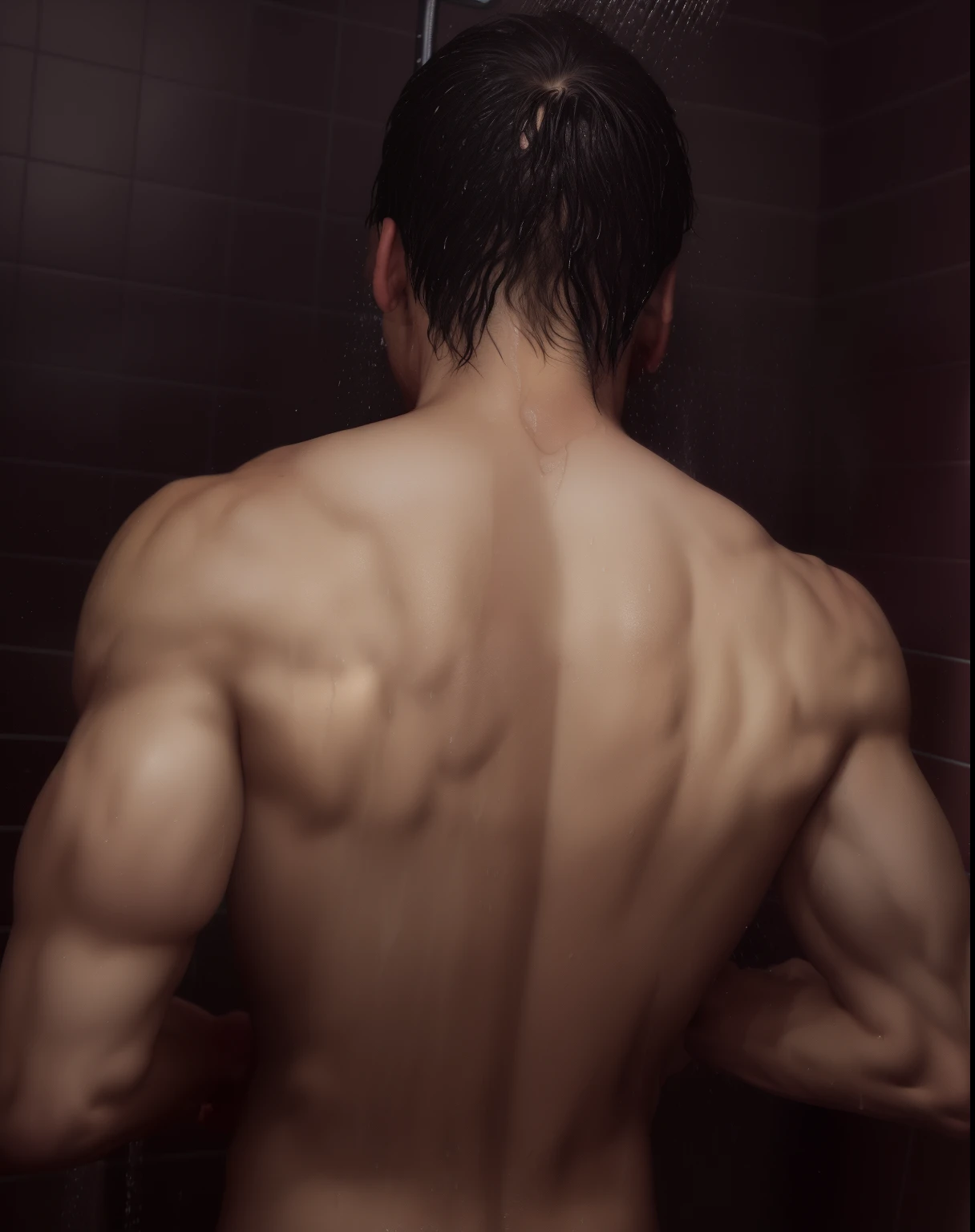 there is a man that is standing in the shower with his back turned, under a shower, from back, full growth from the back, water dripping off him, backshot, drenched body, from the back, his back is turned, in full growth from the back, shot from the back, backview, back - shot, with his back turned, bare back