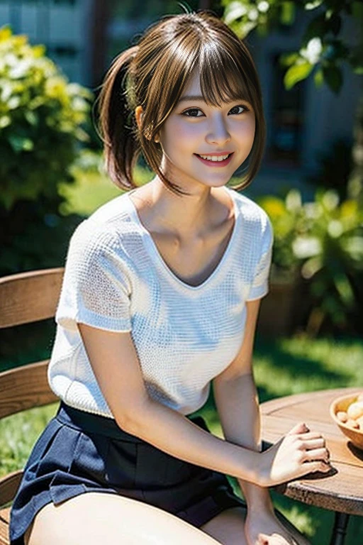 (8k, RAW Photos, Highest quality, masterpiece:1.2), (Realistic, photo-Realistic:1.37), Very detailed, 1 girl,cute, alone,Beautifully detailed skies,Detailed Cafe,night,Sitting,Date,(Red nose),(smile:1.1),(Mouth closed), Medium chest,Beautiful attention to detail,(Open shirt:1.1), ,Pleated skirt,(short hair:1.2),Floating Hair、mini skirt、(Idol face:1.4),