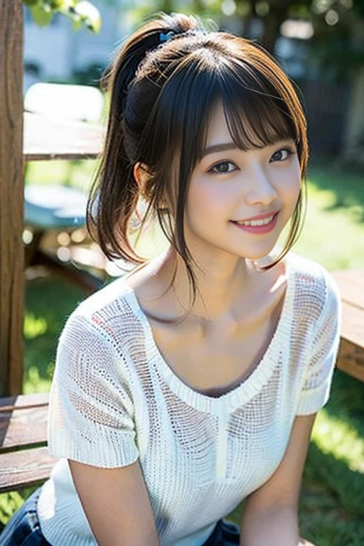 (8K、Raw photography、top-quality、masterpiece:1.2)、(realisitic、Photorealsitic:1.37)、ultra-detailliert、超A high resolution、女の子1人、see the beholder、beautifull detailed face、A smile、Constriction、(Slim waist) :1.3)、Beautiful detailed skin、Skin Texture、Straight hair、Professional Lighting、Whole human body、Short hair、a blond、hi-school girl、School Grounds、Small breasts、Bob Hair、Happy smile、perspiring、(White panties:1.1)、(Sitting table:1.2)、(Facing the front)、(Low ponytail:1.1)、(Striped Knit Shirt:1.1)