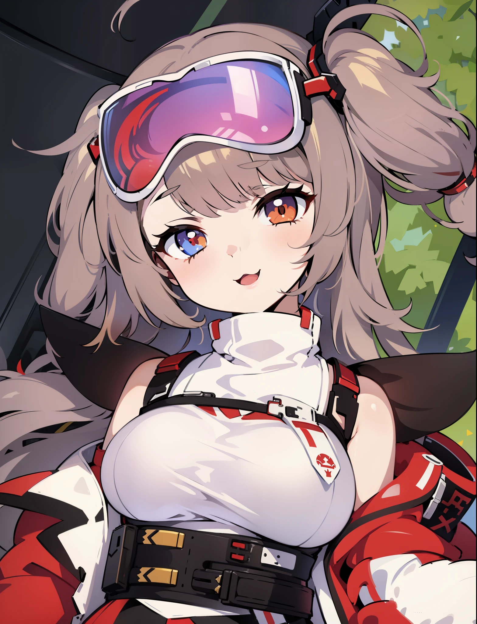 anime girl with goggles and a red and white outfit, azur lane style, from the azur lane videogame, fine details, girls frontline, girls frontline style, from girls frontline, girls frontline universe, android heroine, characters from azur lane, girls frontline, heterochromia, mesugaki, :3, brown hair, open mouth