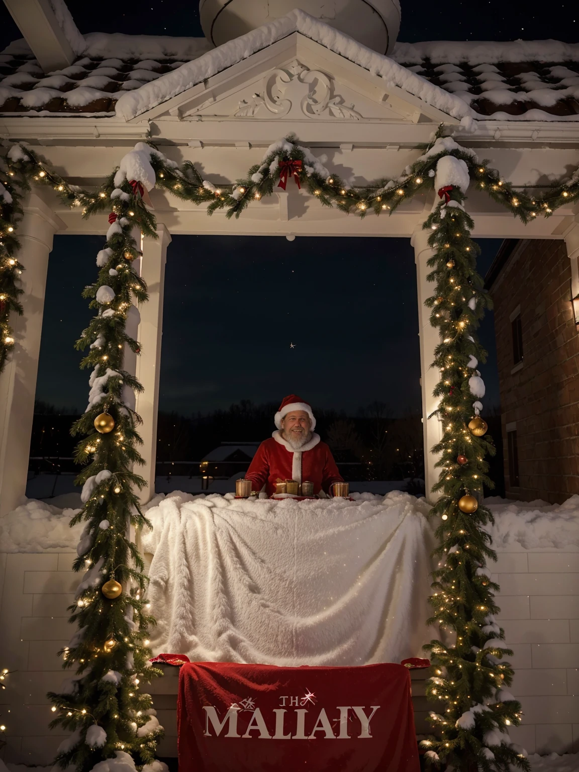 (best quality,4k,8k,highres,masterpiece:1.2),ultra-detailed,(realistic,photorealistic,photo-realistic:1.37),Santa Claus delivering Christmas presents,glowing red suit with white fur lining,warm, cozy atmosphere,magical snowy landscape,smiling children opening gifts in front of a decorated Christmas tree,detailed snowy rooftops and chimneys,chimney smoke gently rising into the night sky,sparkling starry night,soft golden light illuminating the scene,delicate snowflakes falling gently from the sky,festive holiday decorations,red and green colors creating a joyful atmosphere,jingle bells ringing softly in the distance.