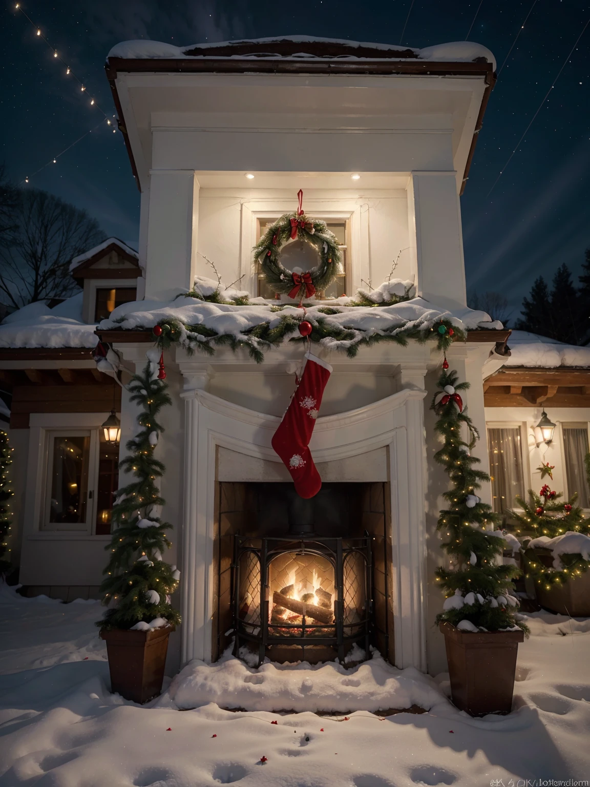 (best quality,4k,8k,highres,masterpiece:1.2),ultra-detailed,(realistic,photorealistic,photo-realistic:1.37),Santa Claus delivering Christmas presents,glowing red suit with white fur lining,warm, cozy atmosphere,magical snowy landscape,smiling children opening gifts in front of a decorated Christmas tree,detailed snowy rooftops and chimneys,chimney smoke gently rising into the night sky,sparkling starry night,soft golden light illuminating the scene,delicate snowflakes falling gently from the sky,festive holiday decorations,red and green colors creating a joyful atmosphere,jingle bells ringing softly in the distance.