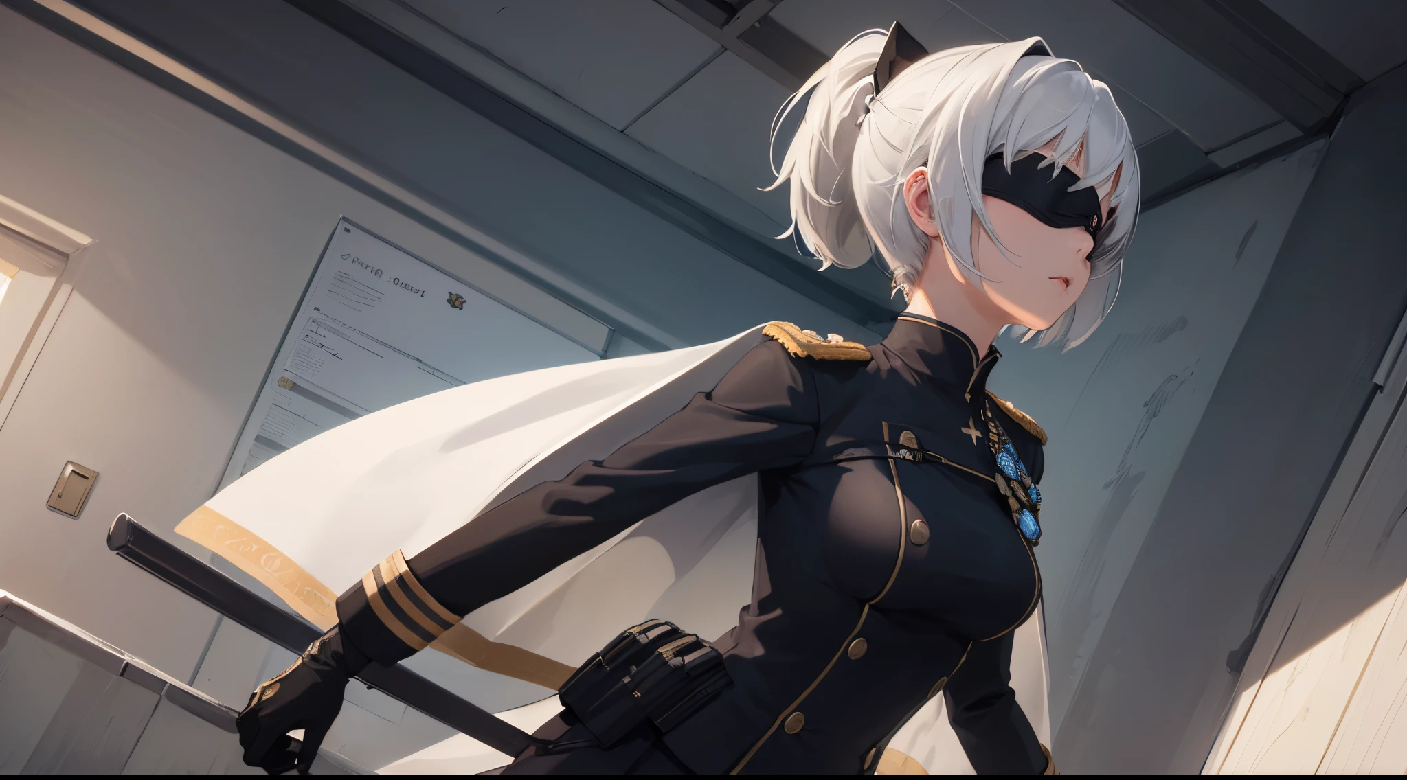 (extremely detailed CG unity 8k wallpaper), (masterpiece), (best quality), (ultra-detailed), (best illustration), (best shadow), (absurdres), 2b, 1girl, short hair, short ponytail, normal size boobs, white hair, blindfold solo, Intimidating women, admiral uniform, night, hero pose, white clothes, General Uniform, Military Uniform, Sunlight, exposed to sunlight,commander, cape