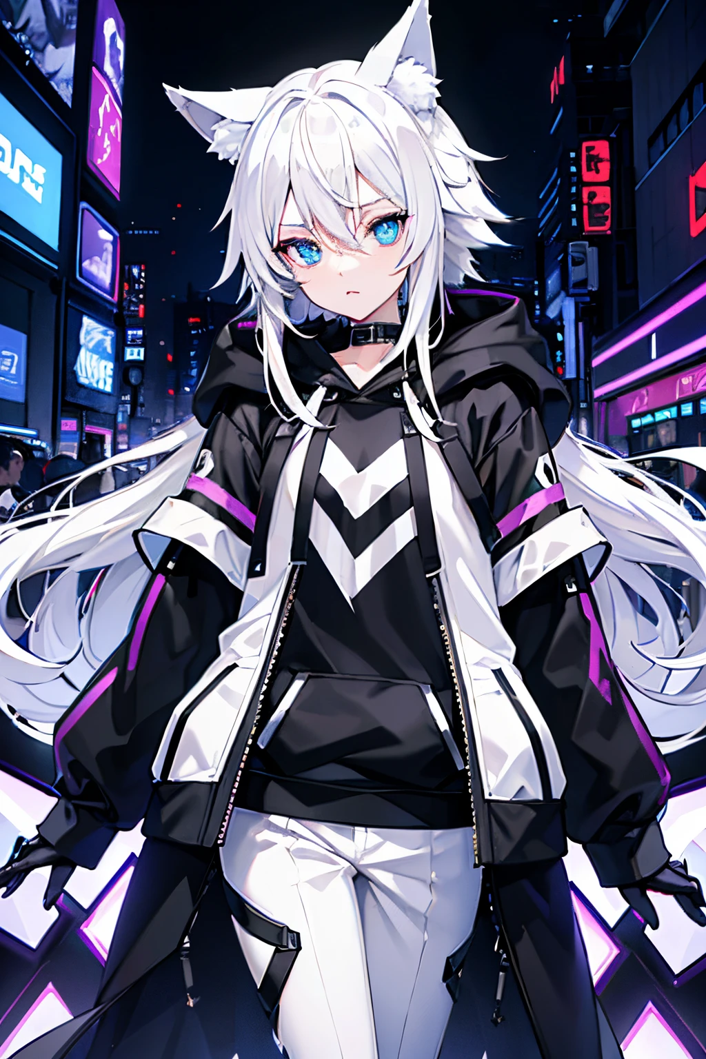 white  hair、Wolf ears、cyberpunked、neons、Night city、natta、coat over hoodie、Bukabuka pants、Black coat、White hoodie、a beauty girl、Viola、light blue  eyes、Wolfhair、landscapes