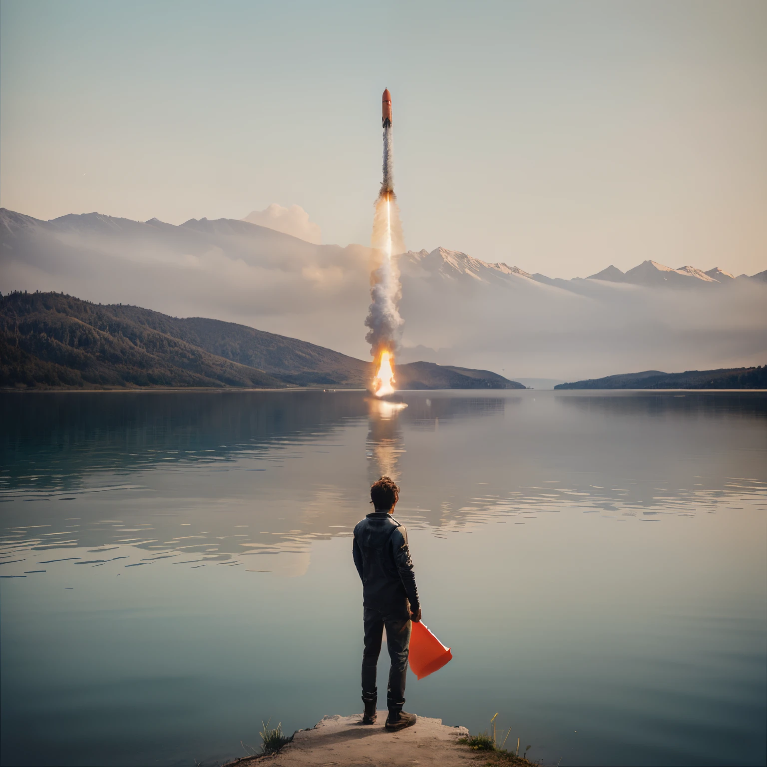 a painting of a person standing in front of a lake with a rocket coming out of it by Christopher Balaskas boy alone