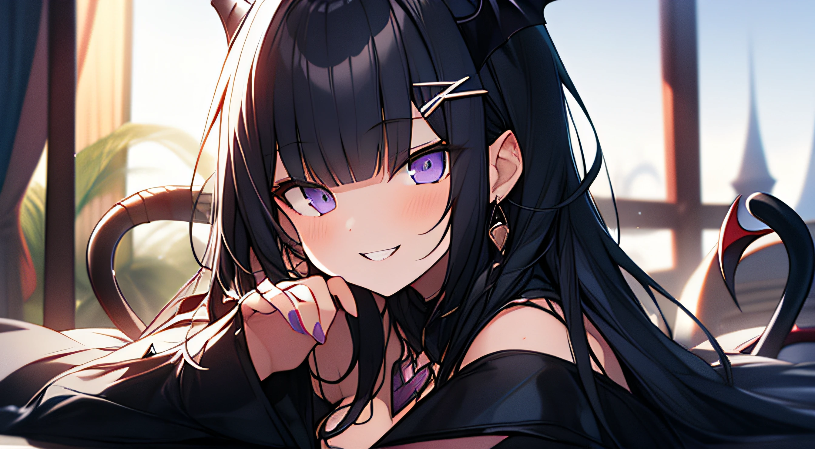 (Moon Night), alluring succubus,Ultra-detailed Rihanna as Satan on the throne of hell, Lori, Vampire, Dark Gothic, fishnet tights, brack, (A dark-haired), asymmetrical bangs, Blunt bangs, Straight hair, Long sideburns, two side up, Devilish girl, Purple eyes, tusk, sparking eyes, kawaii, Cute, Naughty smile, double tooth, Dark Forces, sharpteeth, Cowboy Shot, Little Girl