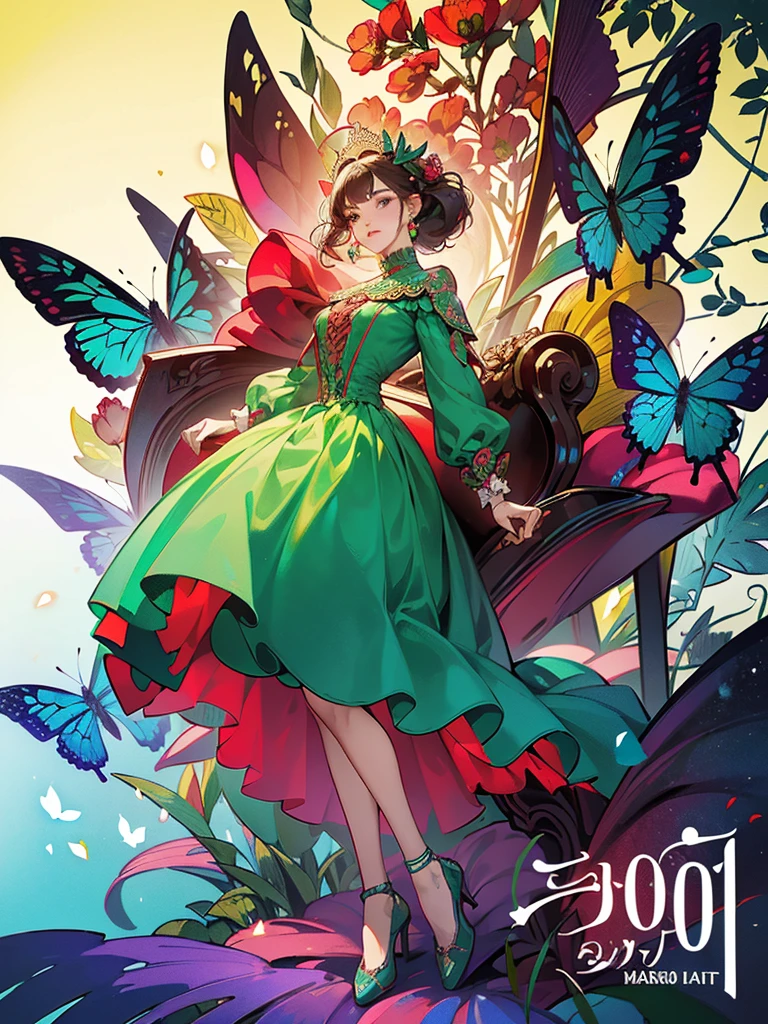 Butterfly motif、green and red tones、Vibrant colors、((masterpiece)))、(((top-quality)))、((ultra-detailliert))、(A hyper-realistic)、(highly detailed CGillustration)、Official art、Paris at the beginning of the 20th century、Decadent、Madame Papillon、Cool Beauty、Masquerade、refinement、Elegance、Gorgeous、Masks that cover most of the face、Colorful and detailed mask design、matchless beauty、Fans、gorgeous dress、jewely、Female Solo、Perfect Angle、perfect-composition、full body Esbian