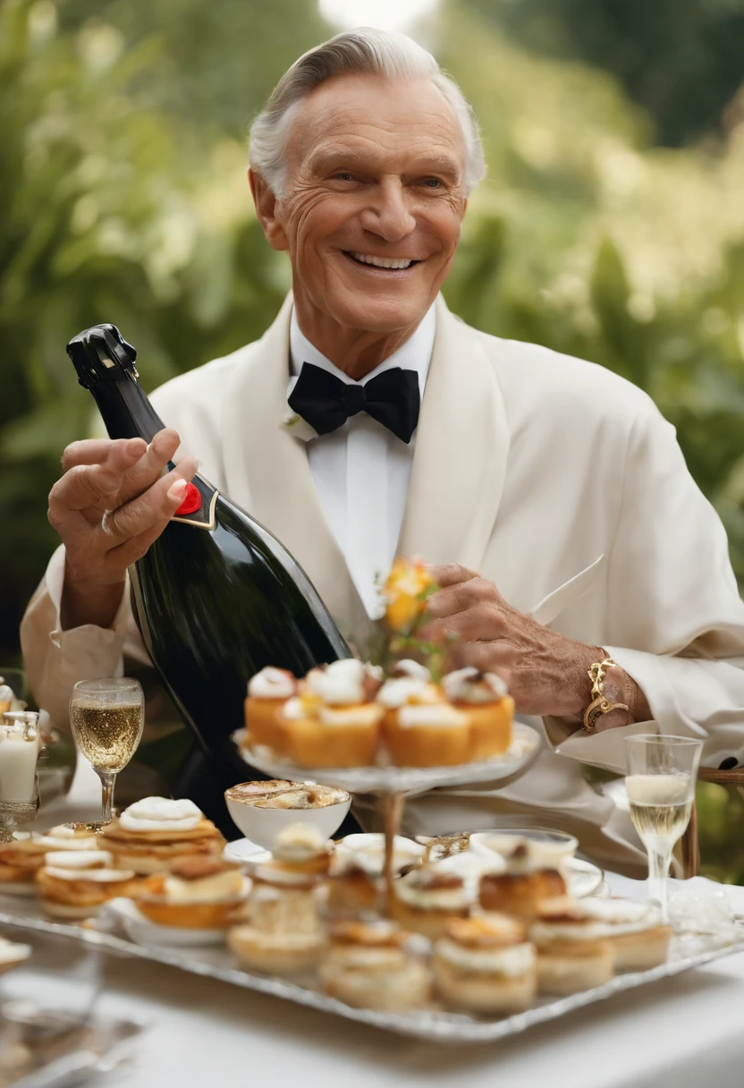 A photo of a lavish brunch spread with champagne glasses,original,Hugh Hefner, the founder of Playboy magazine, was known for his distinctive appearance: often clad in luxurious silk pajamas or a smoking jacket, paired with a sailor’s cap or a smoking pipe, projecting an image of casual opulence. He maintained a well-groomed look with his hair neatly combed back, and later in life, he was recognized by his mature, yet charming demeanor., male
