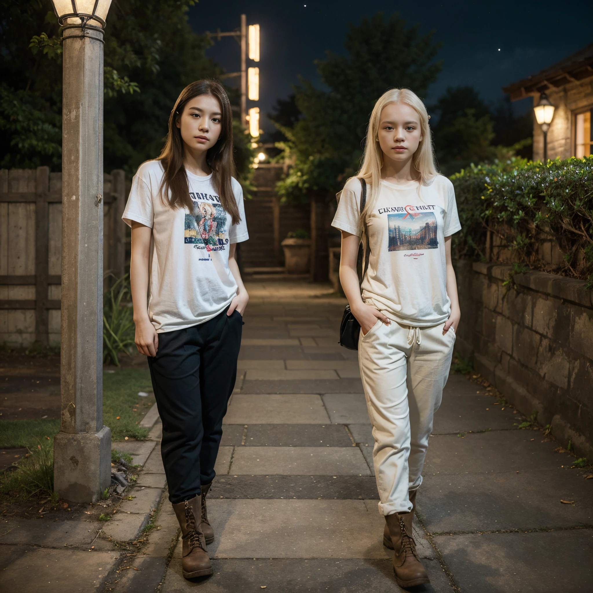 ((best quality)), ((masterpiece)), (detailed), perfect face, young girl, albino, short stature, Asian, holds her left hand on her hip, straight hair to the hip, traveling bag, traveling trousers, T-shirt, boots, night nature
