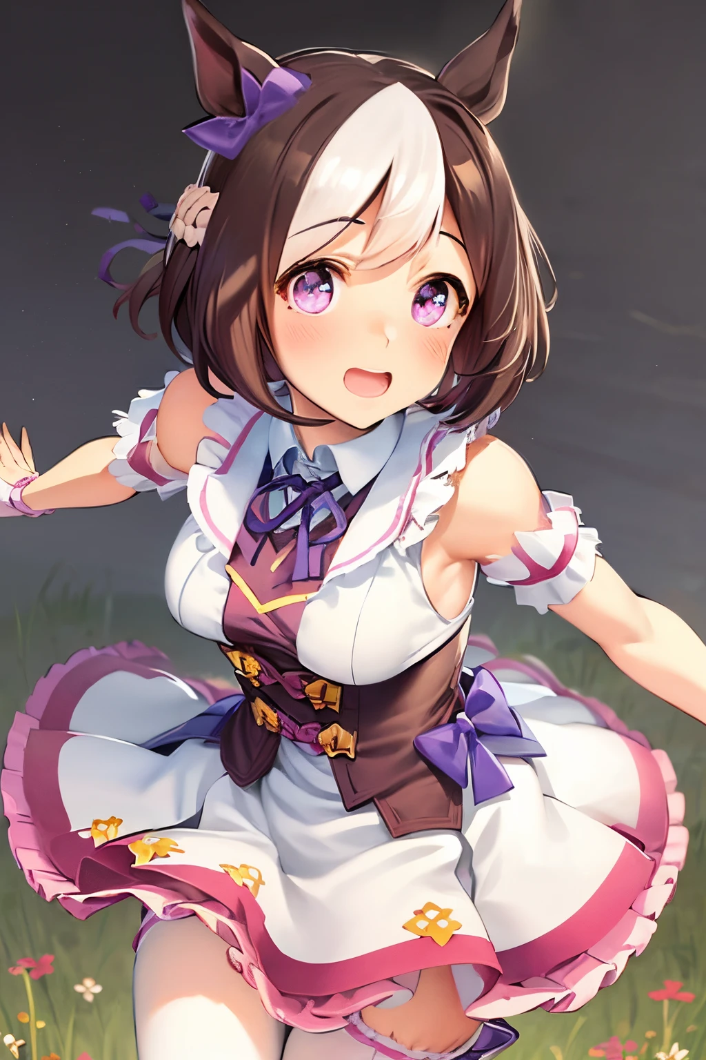 special_week_\(Umamusume)、bow ribbon、bow ribbon、bow ribbon、corsets、Fluffy breasts、nursing、toppless、teats、The upper part of the body、(Refers to the viewer:1.3)、Happiness、(meadow background:1.3), fun running poses, short-hair, Like a magazine cover