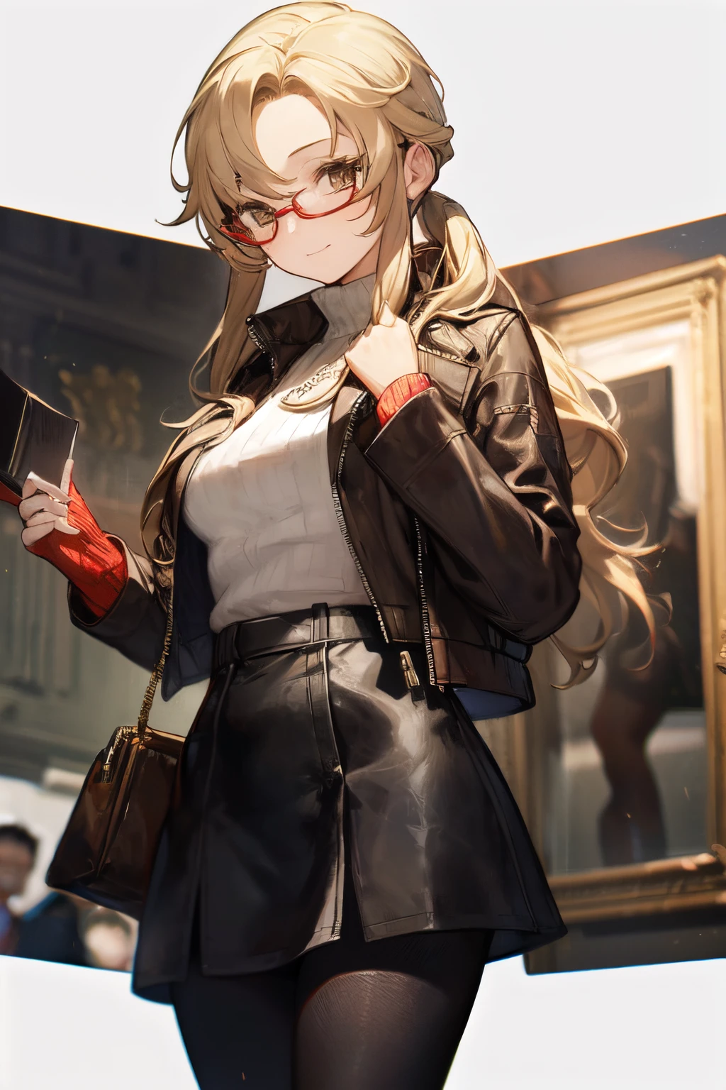 masterpiece, concept art, close up shot, portrait, standing, 1girl, Melania, reverse 1999, glasses, long blonde hair, leather jacket, black skirt, (red legging), museum background