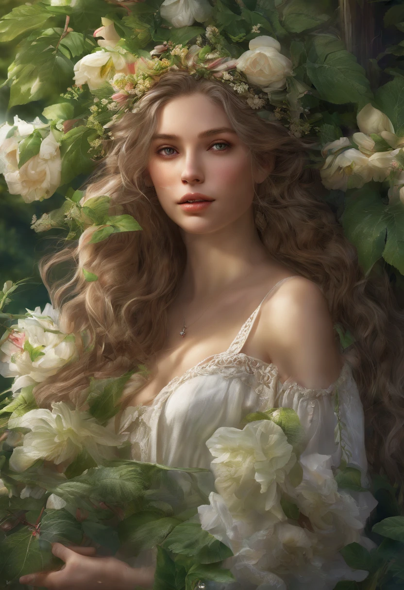 A girl with flowing hair adorned with flowers, surrounded by lush foliage. (best quality, realistic, vivid colors), botanical masterpiece, ethereal glow, vibrant green leaves, delicate blossoms, intricately intertwined vines, harmonious fusion, immersive nature, dreamlike atmosphere, mesmerizing details, radiant sunlight filtering through the branches, serene and enchanting.