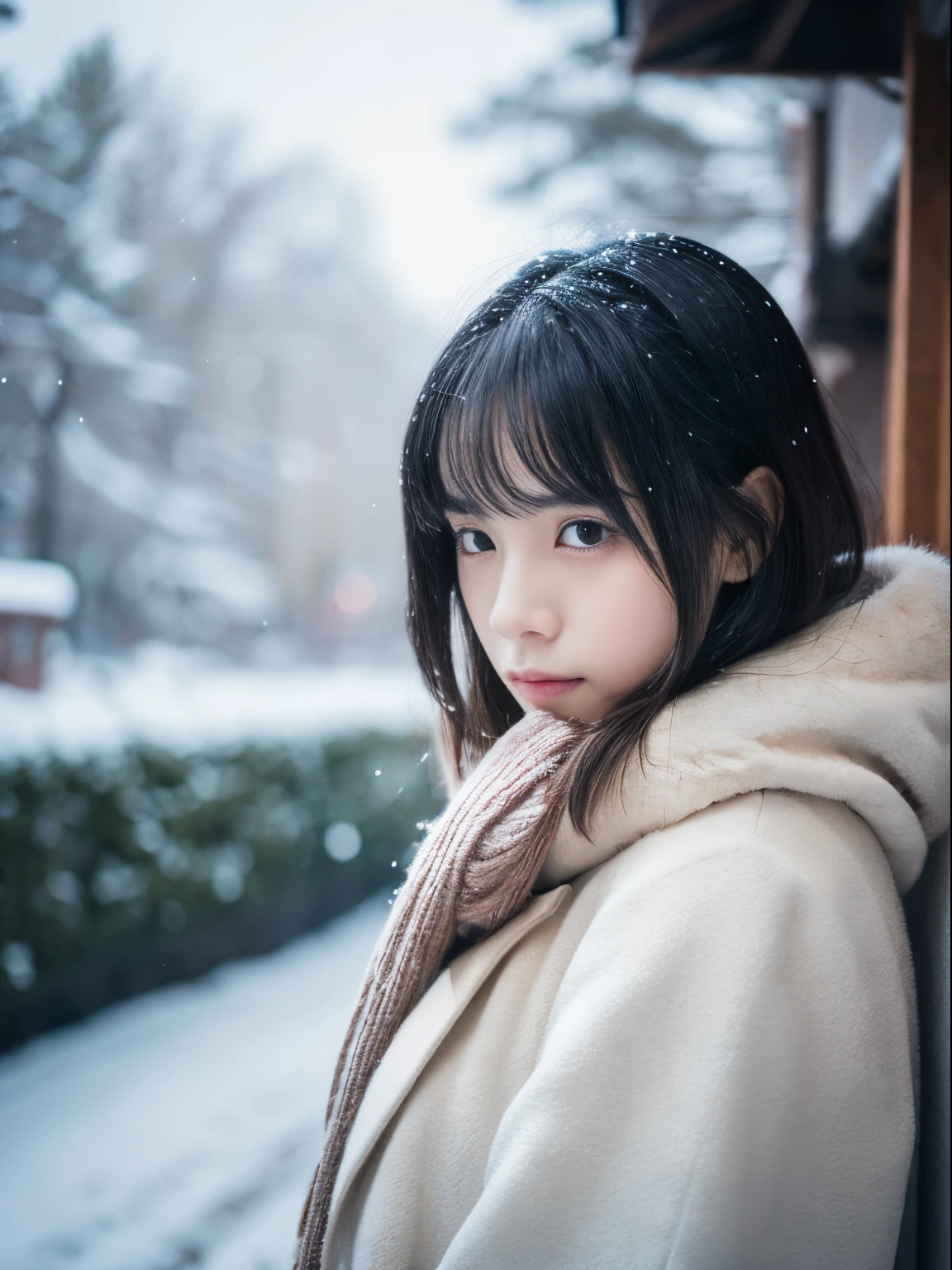While watching the snow falling quietly. Her introspective and tearful expression、Makes you feel longing for winter nights and melancholy。。。、top-quality、hyper HD、奈良美智, Japanese Models, Beautiful Japan wife, With short hair, 27-year-old female model, 4 k ], 4K], 27yo, sakimichan, sakimichan