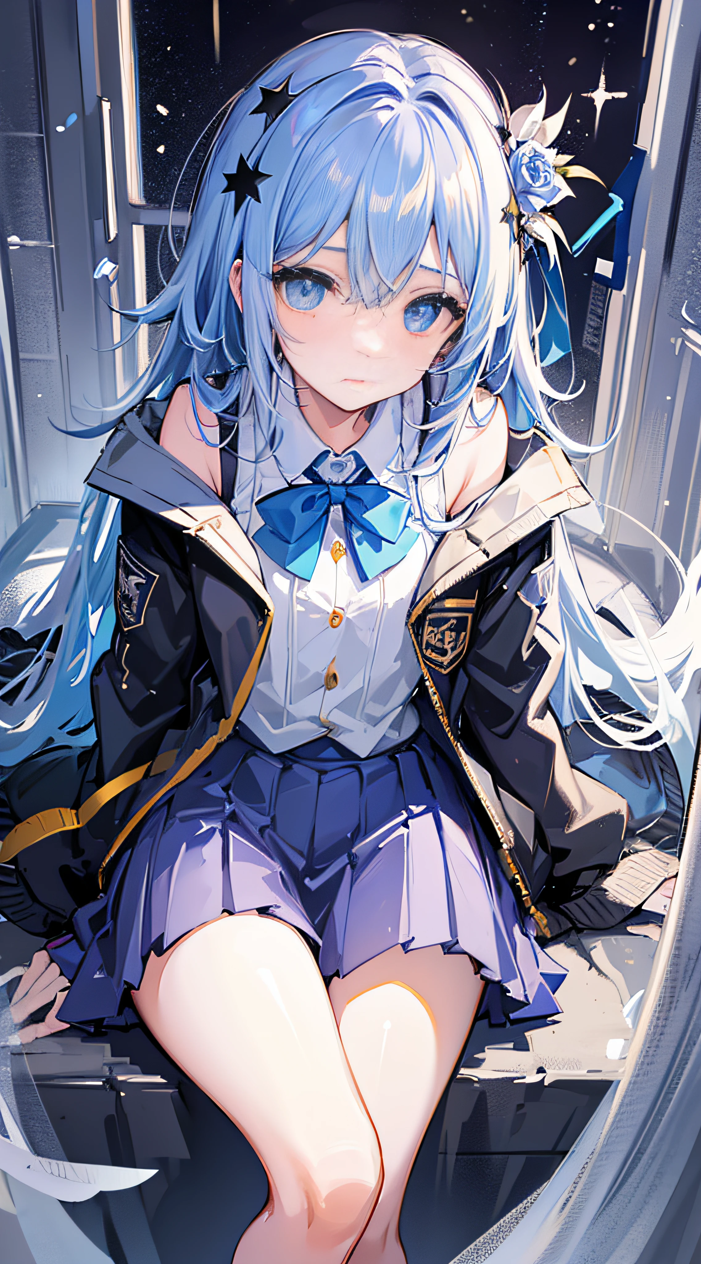 ((top-quality)), ((tmasterpiece)), ((ultra - detailed)), (Extremely Delicately Beautiful), girl vs.., 独奏, Cold attitude,((Black jacket)),She is very(unwind)with the(settle down)looks,A brunette one, depth of fields,evilsmile,airbubble, Under water, airbubble,bright light blue eyes,interior color,bright gray hair,Tips for light blue hair,,,,,,,Cold background,Bob Hair - Linear Art, shorter pants、knee length socks、white uniform like school uniform、Light blue ribbon tie、The clothes are transparent、hands in a pocket、The eyes are as bright as sapphires,Blue shoulder straps, A small blue light drifted by、Upper Eye、Glass shards、snowflake eyes、Fantastic eyes、halloween、Orange and purple halloween background