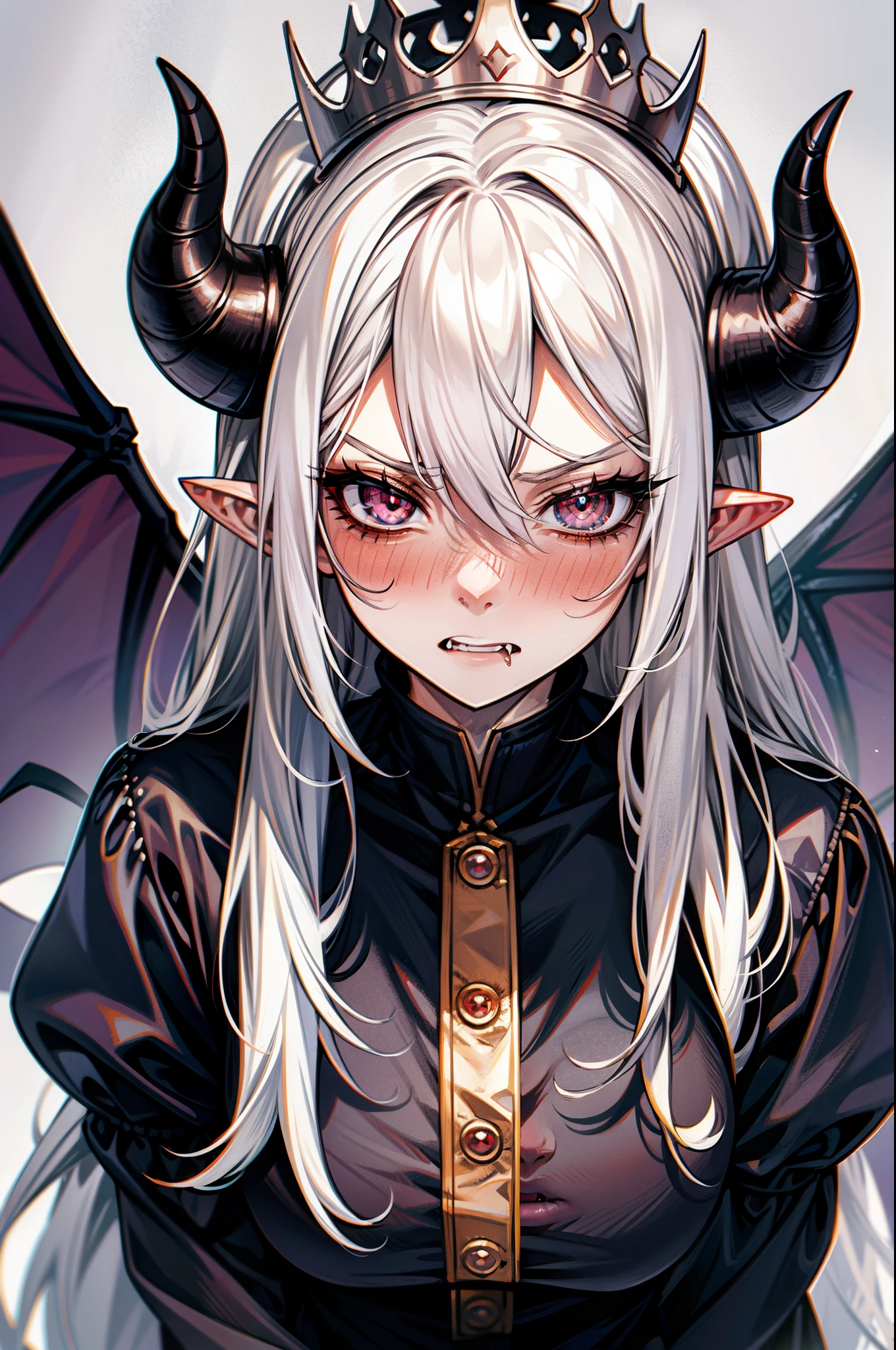 white hair, crown, demon horns, rolling eyes, devil eyes, long pointy ears, fangs, nose blush, oral invitation, bright pupils, Surrealism