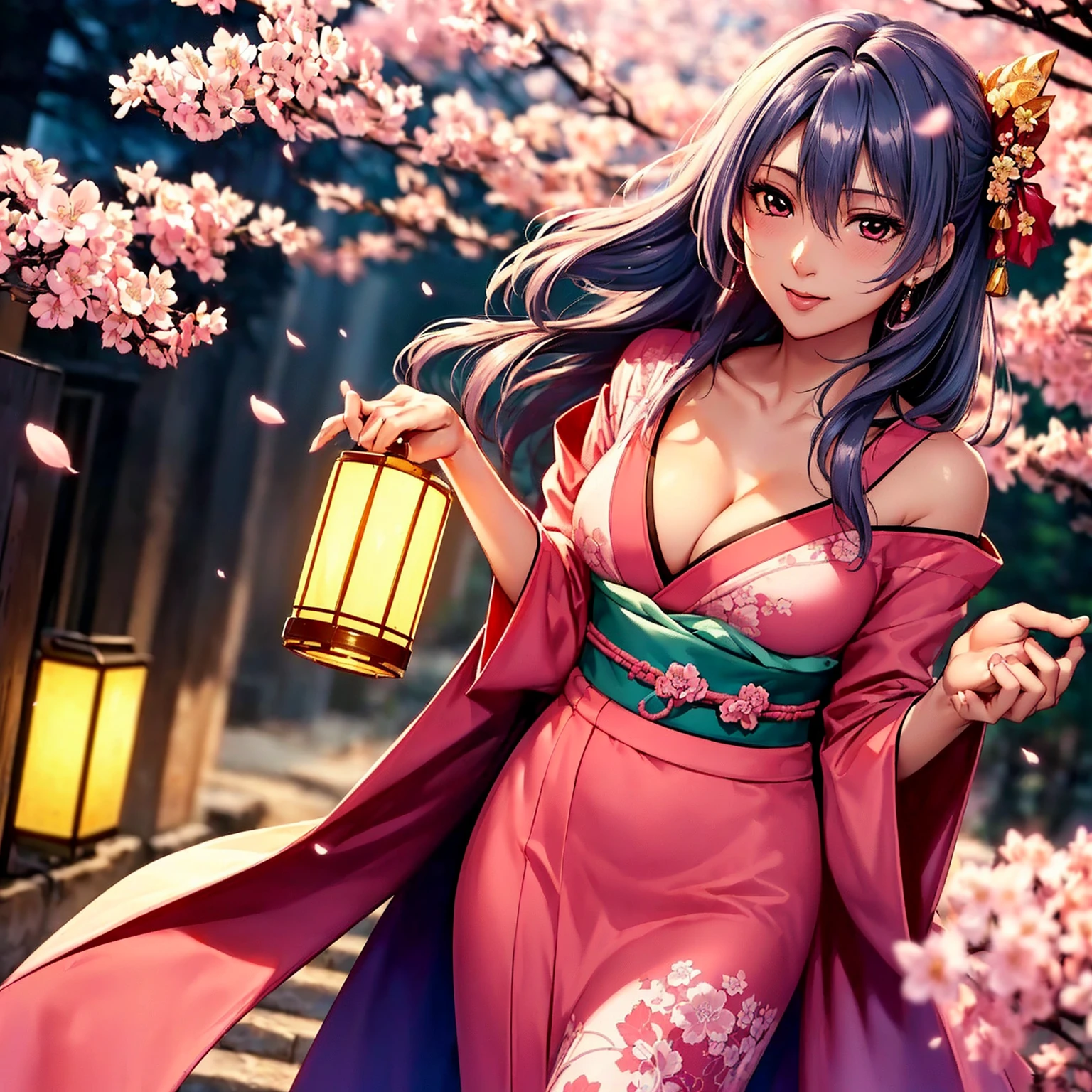 (top-quality、​masterpiece、very high res、An ultra-high picture quality、High quality pixels)、(She is a mysterious and bewitching woman, And she is 18 years old,1 person,Single,独奏:1.5)、(She is a very beautiful woman with a beautiful face)、(Beautiful face written in detail,Beautiful body,Strong-willed eyes,Beautiful eyes,Beautiful and colorful hair,Beautiful skin texture)、(Beautiful hair quality,Variety of hairstyles)、(She has a slender figure and her breasts are D cups)、(lovely smile,Smile, Open mouth,),(Wearing a Japan kimono,Colorful Japan kimono,shoulders are exposed),(Rows of cherry blossom trees at night,Night cherry blossoms in full bloom,Lanterns light),(model poses,modelshoot,Magazine shooting,Hair flutters under the influence of the wind),The wind is blowing、Beautiful Art Style, an animated character、(The whole picture、Detailed picture、accurate ???????、Defect-free images、extremely detailed picture、Accurate images、Perfect Image 1.5)、(Best Shot Photo 1.2)