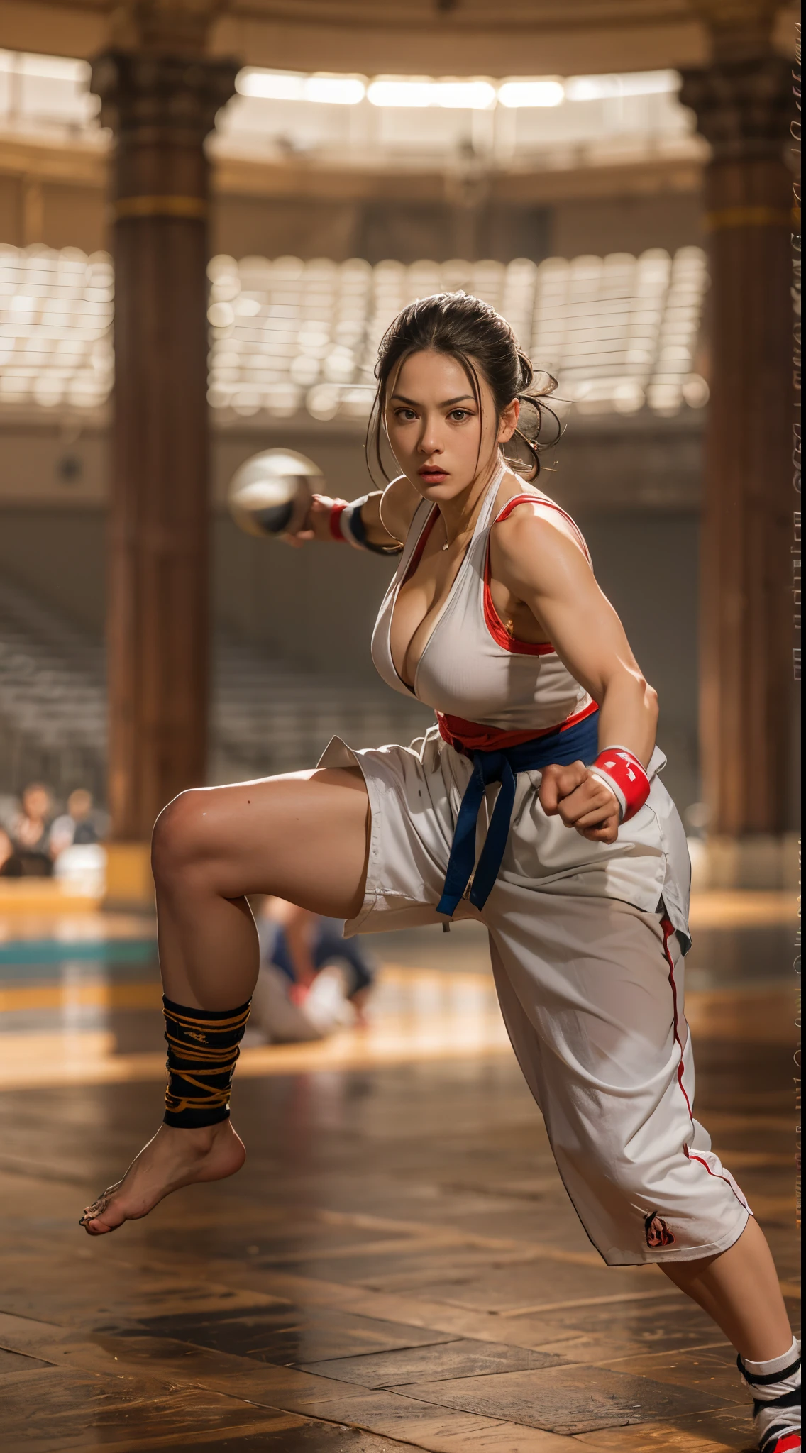 8k, best quality, highres, realistic, real person, A female martial artist in a fighting tournament, exhibiting a fierce, determined expression as she delivers a powerful kick. The scene captures the intensity and focus of the fighter, showcasing her athletic prowess and combat skills in a dynamic and action-packed moment. Beautiful girl, bare belly button, beautiful legs, cleavage, martial arts tournament in the Greek Colosseum