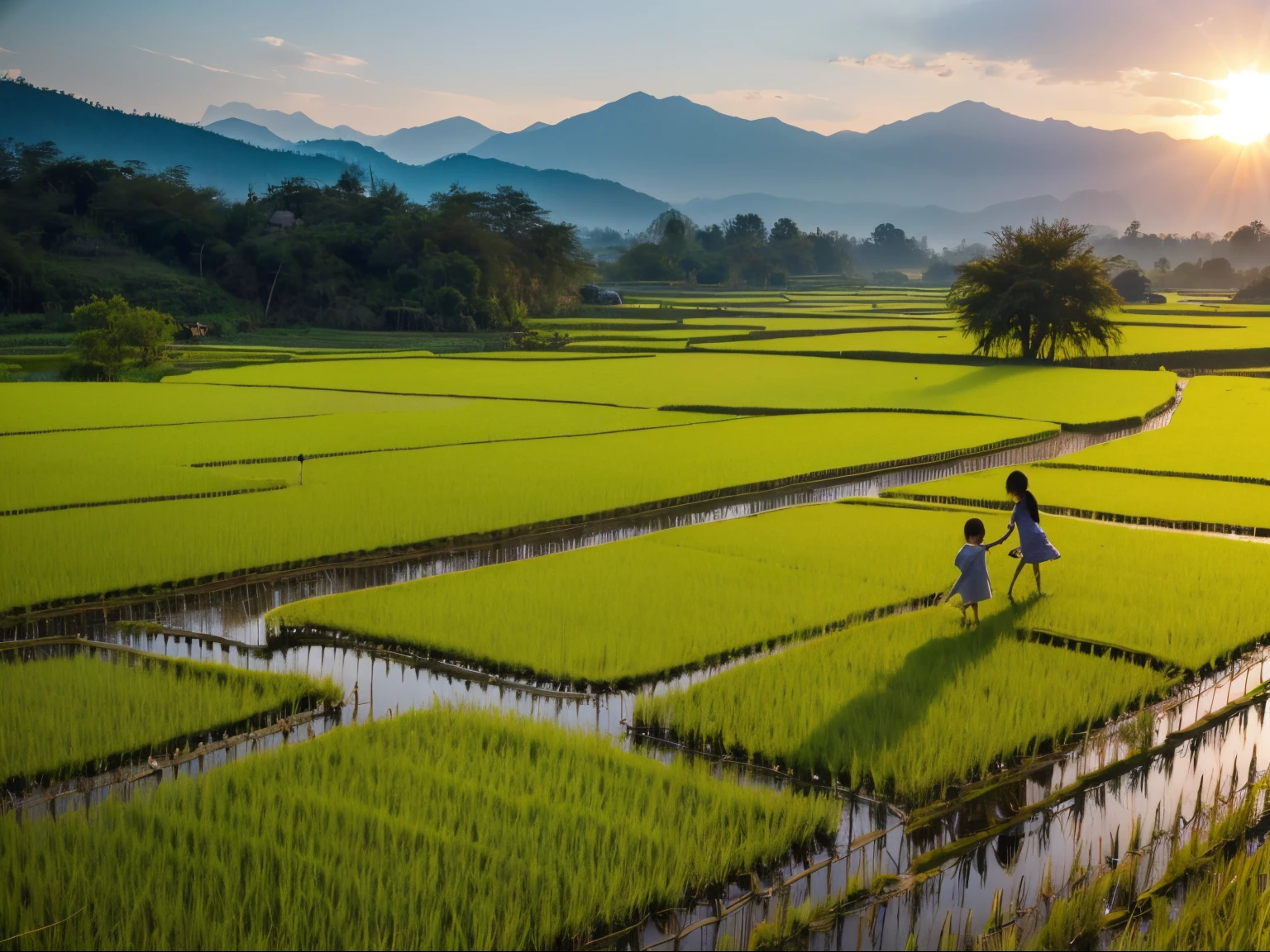 childhood，ricefield，children playing，When the sun is empty，landscape