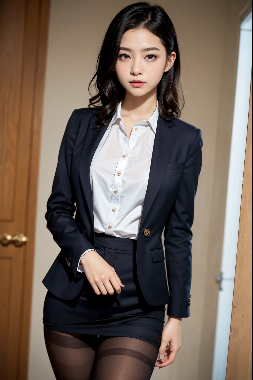 ulzzang -6500-v1.1, (Raw photo:1.2), (Photorealsitic), (Real:1.4), １ girl、Very pretty girl、sixteen years old、game_nffsw,  Ocean Blue Eyes(eye detailed), Smile of shame、(Strict business suit:1.3), Business Fashion、Doing work、(Ultra-realistic pantyhose:1.2), Curly hair、realistic skin textures、shinny skin、Exposed thighs!!! , make - up、eye shadow、