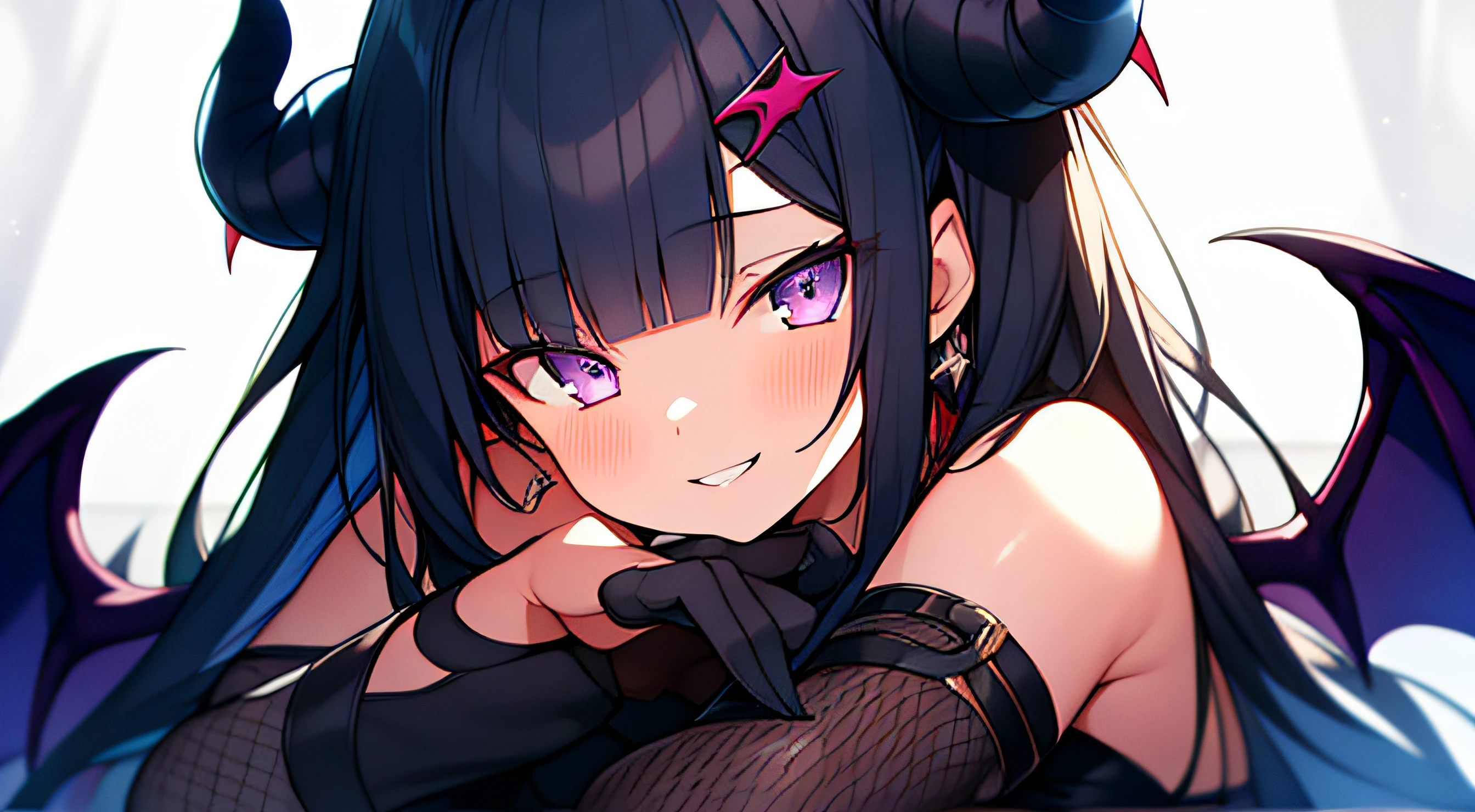 (Moon Night),  alluring succubus,Ultra-detailed Rihanna as Satan on the throne of hell, Lori, Vampire, Dark Gothic, fishnet tights, brack, (A dark-haired),  asymmetrical bangs, Blunt bangs, Straight hair, Long sideburns, two side up, Devilish girl, Purple eyes, tusk, sparking eyes,  kawaii, Cute, Naughty smile, double tooth, Dark Forces,  sharpteeth, Cowboy Shot,  Girl