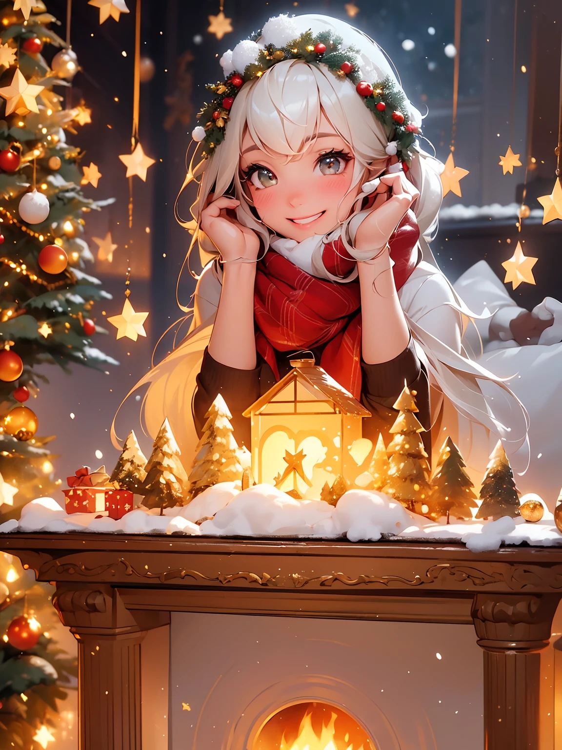 (best quality,4k,8k,highres,masterpiece:1.2),ultra-detailed,(realistic,photorealistic,photo-realistic:1.37),festive,beautiful detailed eyes,beautiful detailed lips,extremely detailed eyes and face,longeyelashes,bright smile,red and green color scheme,sparkling lights on the dress,warm cozy setting,adorable rosy cheeks,celebratory atmosphere,magical snowfall,fluffy white snowflakes,snow-covered landscape,snowflakes floating in the air,golden star on top of a Christmas tree,glowing fireplace,decorated living room,presents under the tree,happy,excited expressions,joyful holiday spirit,happiness and warmth,festive decorations,joyful laughter,snowflakes gently falling on her eyelashes,playful snowball fight,gentle snowflakes melting on her cheeks,twinkling lights in the background,gleaming ornaments,cozy winter clothing,matching scarf and gloves,enchanting winter wonderland,soft and fluffy snow,glistening frost on the trees,festive music playing in the background,happy memories,laughter and love,festive wreath on the door,colorful Christmas stockings,delicious holiday treats,hot chocolate with marshmallows,crackling fire in the fireplace,winter magic,childhood innocence,magical moments of joy and wonder.