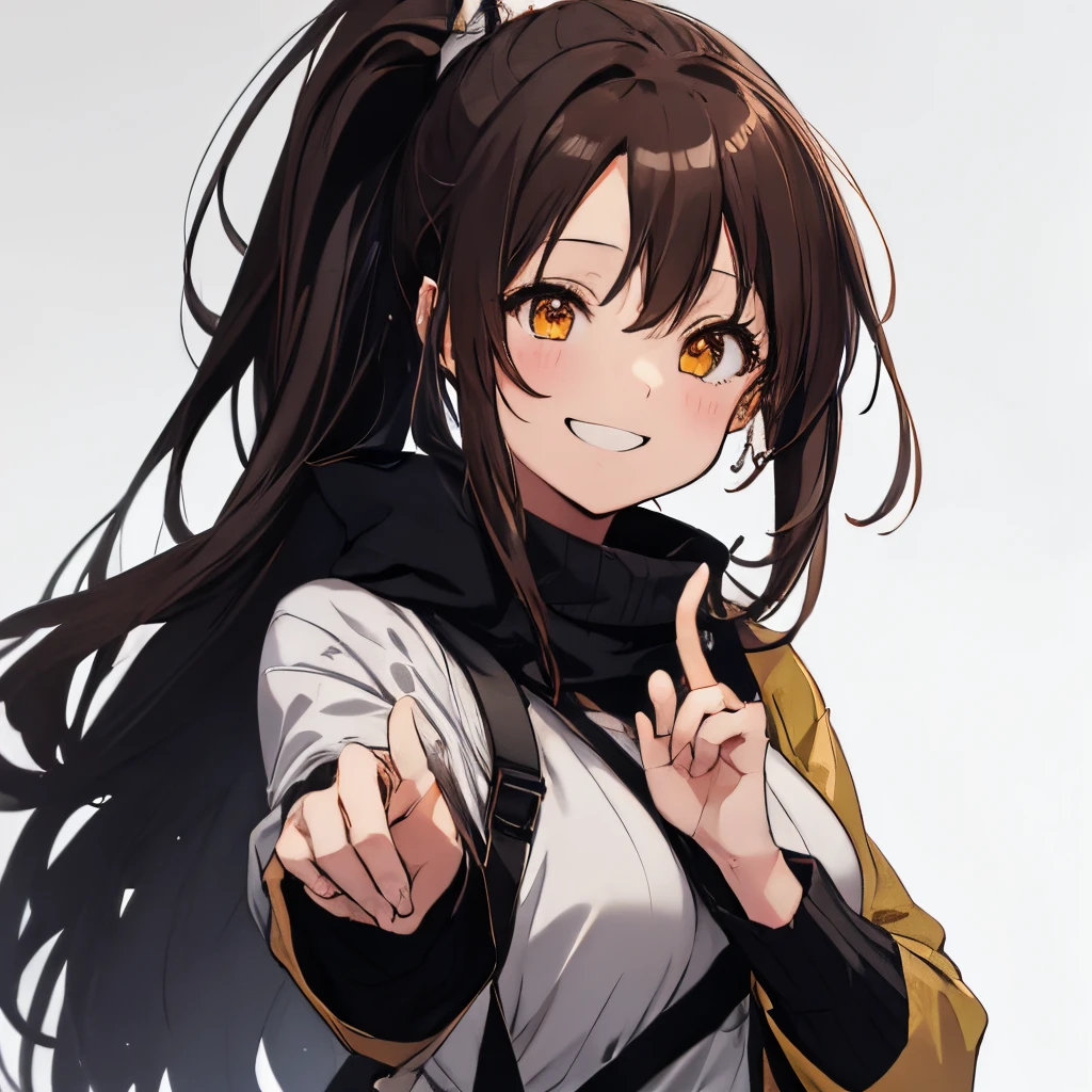 【Highest Quality, masutepiece】 [girl, Manteau, expressioness,deep orange eyes, front facing,dark brown hair,long ponytail hair,yellow knit cloth, Upper body] (Gray white background:1.2),very happy smile,boobs,