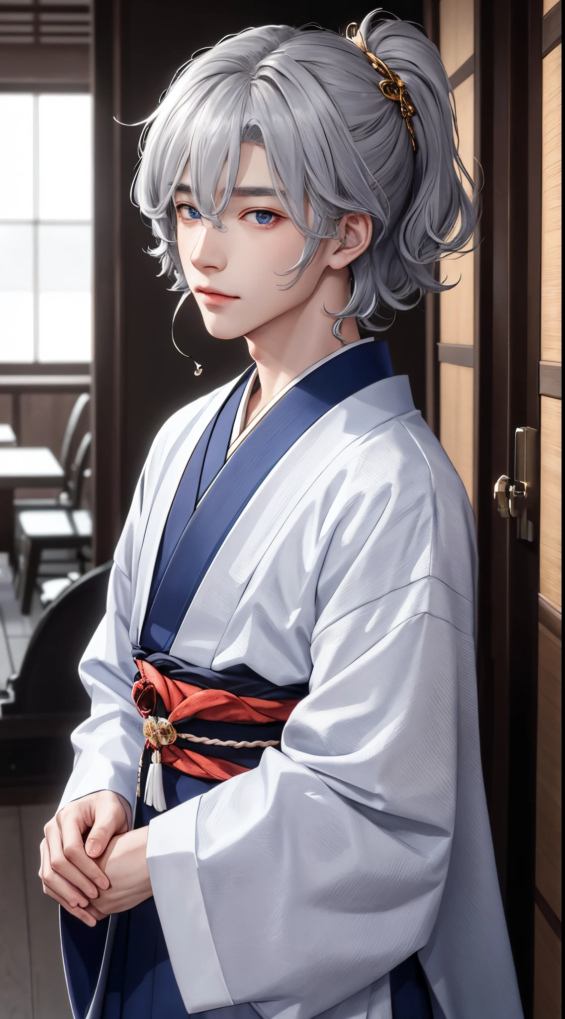 Vtuber Haru Kaida Male Gray Hair Blue Eyes Japanese Clothes