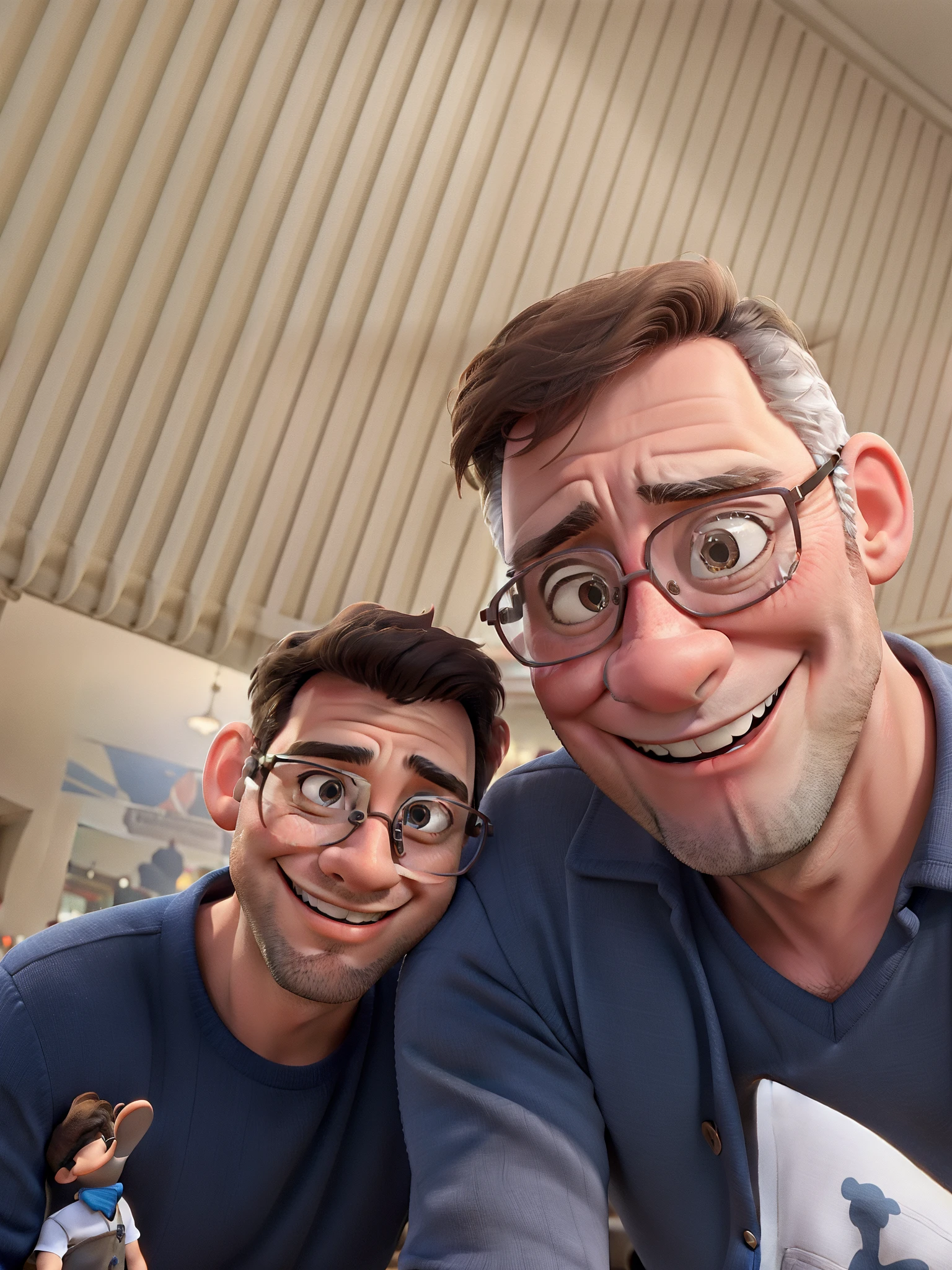 Father with glasses and Disney-style son smiling at the mall.