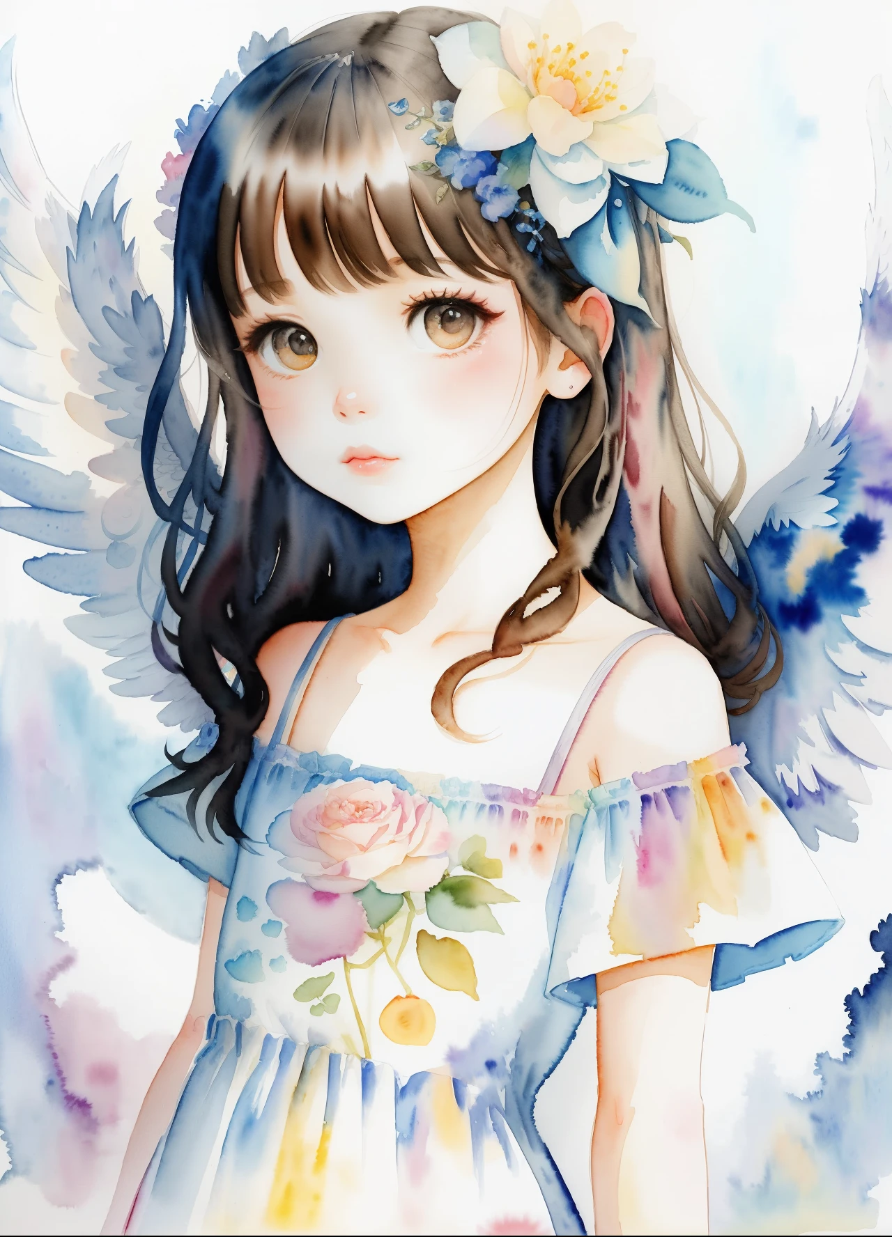 illustratio、watercolor paiting、 Fantasia、 Angel Girl、cute little、Deformed、portraitures、