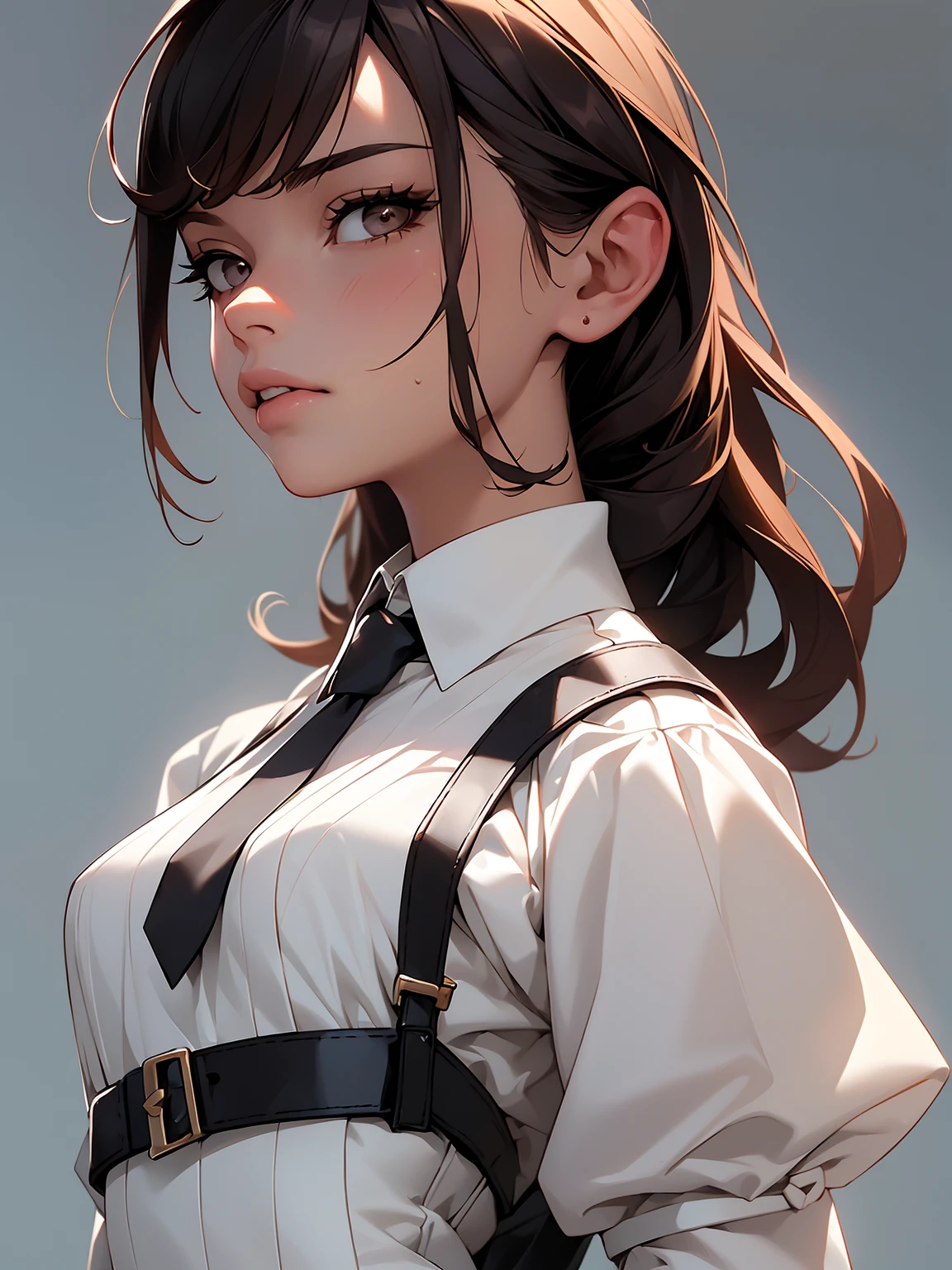 ((masterpiece, best quality)), (1girl), (solo), (female focus), yoru (chainsaw man),(very detailed face, real image, realistic white skin, realistic body, intricate details), upper body, serious , brown eyes, looking at the viewer, bandages over the body, black hair, far sleeve shirt, pinaforee dress, black necktie, bandages, bandages, small breasts