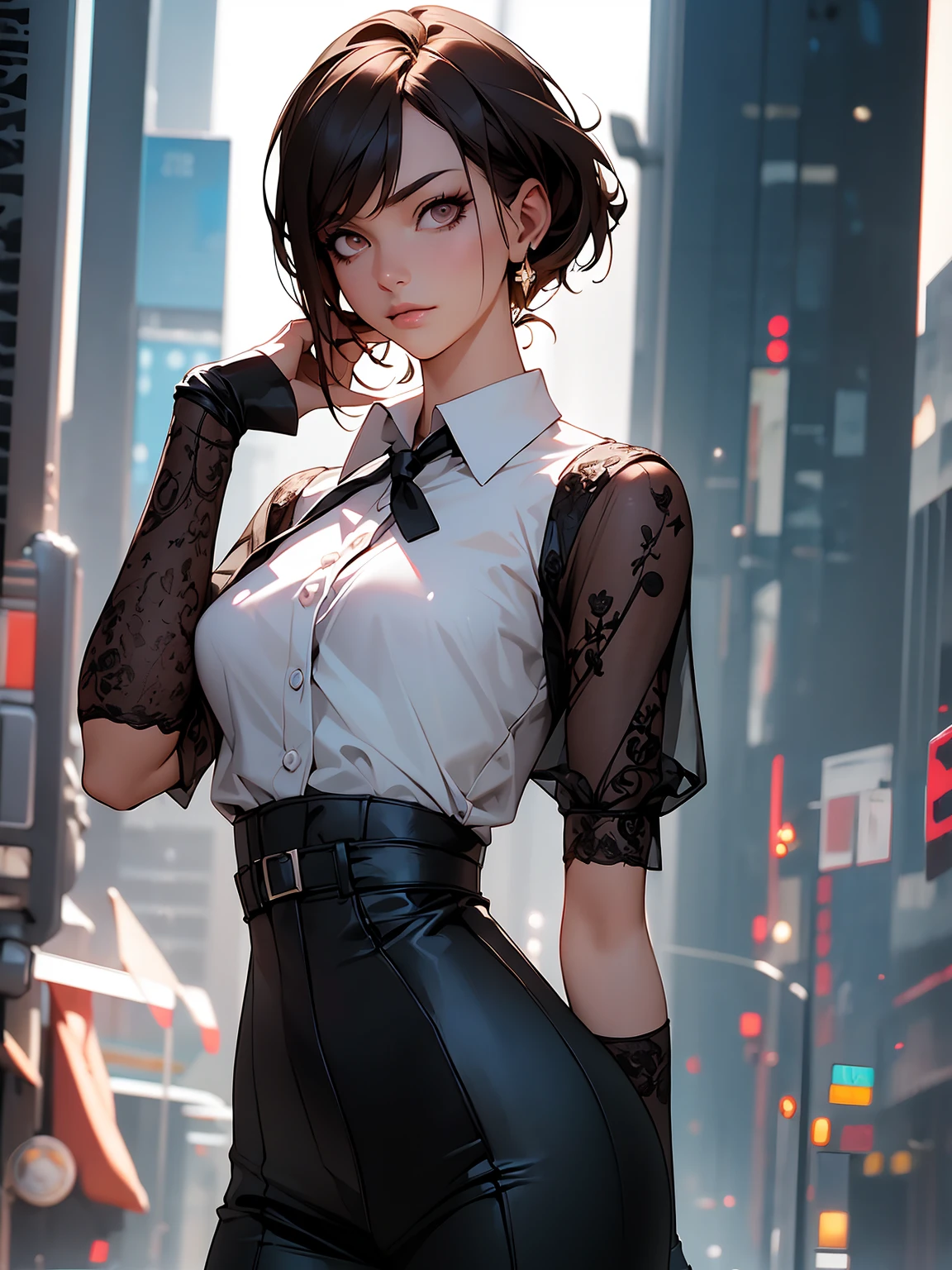 ((masterpiece, best quality)), (1girl), (solo), (female focus), yoru (chainsaw man),(very detailed face, real image, realistic white skin, realistic body, intricate details), upper body, serious , brown eyes, looking at the viewer, bandages over the body, black hair, far sleeve shirt, pinaforee dress, black necktie, bandages, bandages, small breasts