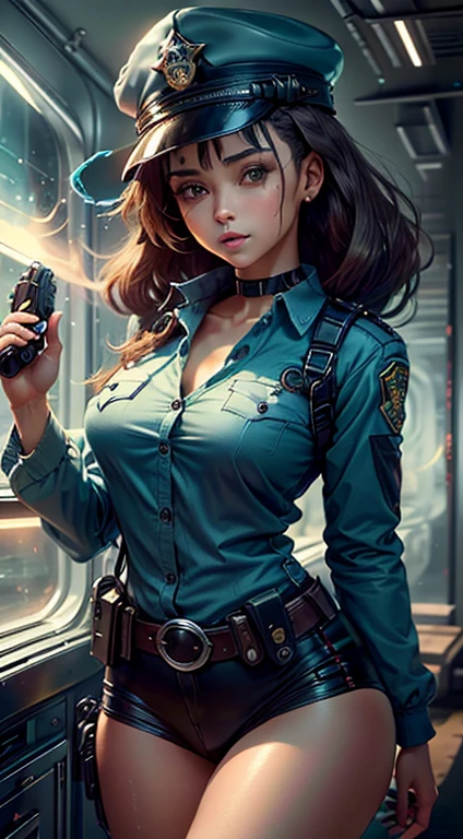 (((anatomia perfeita, Pele super detalhada))), 1 girl, Japanese, menina policial, pele brilhante, seios grandes:0.5, Desviando o olhar, Olhando para cima, Observando a vista,
cabelo bonito, beautiful face, belos olhos detalhados, (cabelos longos), cabelos loiros, franja, cabelo entre os olhos, olhos vermelhos,
beautiful collarbone, Corpo bonito, peito bonito, coxas bonitas, beautiful legs, face, toupeira sob o olho,
((Uniforme de Policial, camisa azul clara manga curta, gravata azul marinho, minissaia cintura alta), belt, luvas brancas, police hat, algema), Coxas sedutoras,
(((visando o espectador, segurando pistola, handgun))), ,
(beautiful scenery), deserto, Cidade em chamas,
8k, qualidade superior, obra prima:1.2, extremamente detalhado),