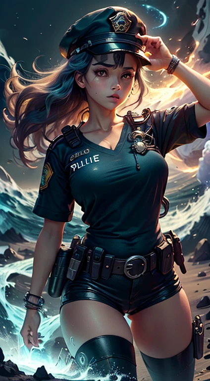(((anatomia perfeita, Pele super detalhada))), 1 girl, Japanese, menina policial, pele brilhante, seios grandes:0.5, Desviando o olhar, Olhando para cima, Observando a vista, 
cabelo bonito, beautiful face, belos olhos detalhados, (cabelos longos), cabelos loiros, franja, cabelo entre os olhos, olhos vermelhos, 
beautiful collarbone, Corpo bonito, peito bonito, coxas bonitas, beautiful legs, babyface, toupeira sob o olho, 
((Uniforme de Policial, camisa azul clara manga curta, gravata azul marinho, minissaia cintura alta), belt, luvas brancas, police hat, algema), Coxas sedutoras, 
(((visando o espectador, segurando pistola, handgun))), , 
(beautiful scenery), deserto, Cidade em chamas, 
8k, qualidade superior, obra prima:1.2, extremamente detalhado),