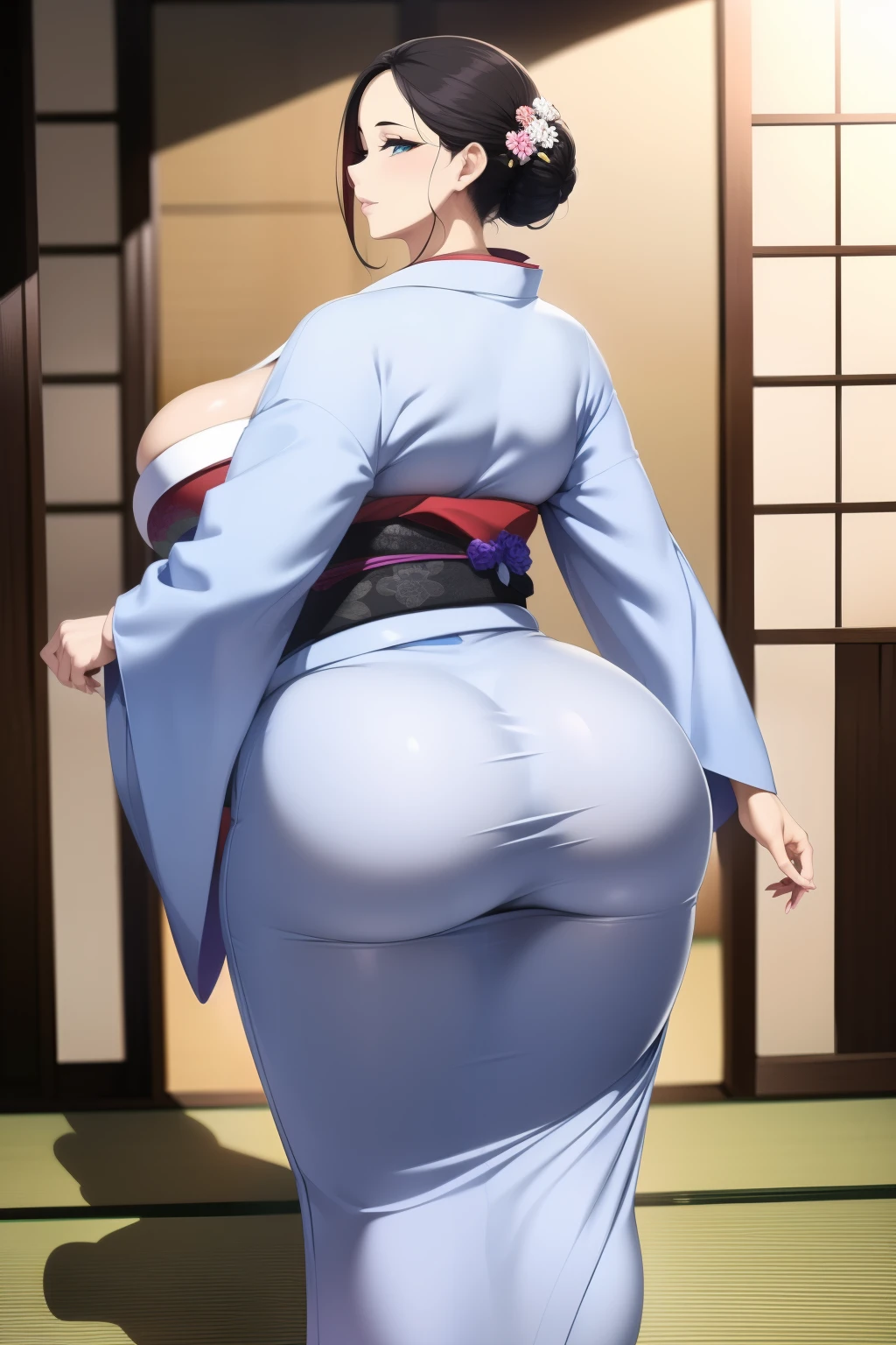 1womanl, (tmasterpiece: 1.3),Beautiful mature Japanese woman, detailed finger, beautiful hand, hyper realisitc, 1womanl, (Sagging breasts, Bewitching body: 1.2) brunette color hair: 1.1, Super detailed face, Detailed lips, Detailed eyes, 二重まぶた, Sexy low-cut neckline kimono, Open neckline, Sagging chest, Back pose, visible curves,full body1:1,Back pose,Huge ass,Show your ass,Huge ass,Show your ass