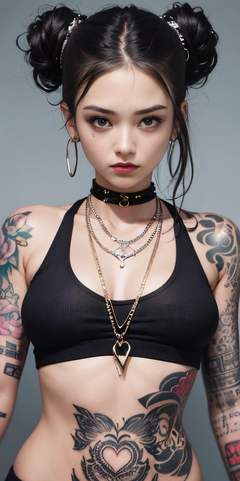 araffe tattooed woman with a black top and a chain around her neck, a tattoo inspired by Antônio Parreiras, tumblr, toyism, she is wearing a black tank top, looks like fabiula nascimento, malika favre, wearing intricate black choker, she is wearing streetwear, piercings collar, tattooed
