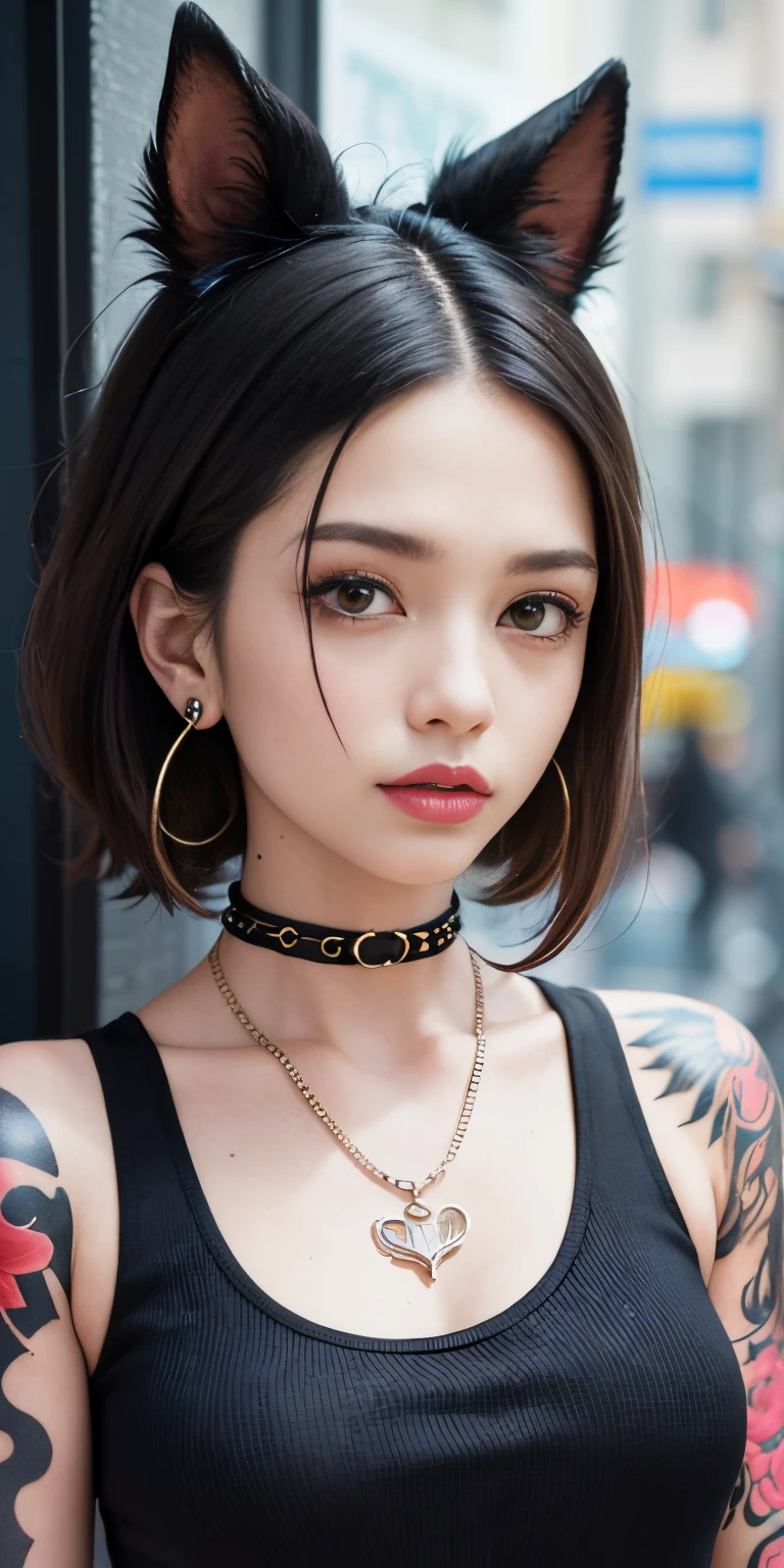 araffe tattooed woman with a black top and a chain around her neck, a tattoo inspired by Antônio Parreiras, tumblr, toyism, she is wearing a black tank top, looks like fabiula nascimento, malika favre, wearing intricate black choker, she is wearing streetwear, piercings collar, tattooed
