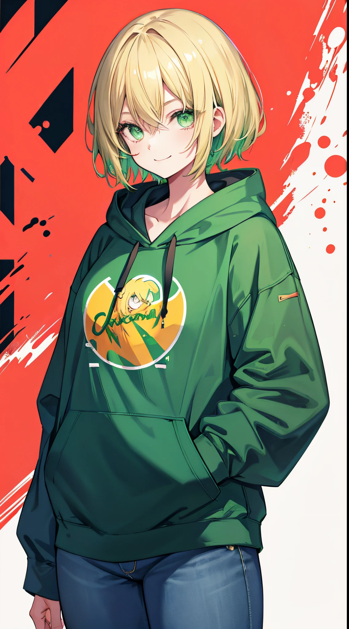 Original Character, Girl ,Green Eyes, Broadly Smiling, Short Blond Hair, Oversized Hoodie, Jeans, (Highest Quality, Amazing Details:1.25), (Solo:1.3), Brilliant Colorful Paintings