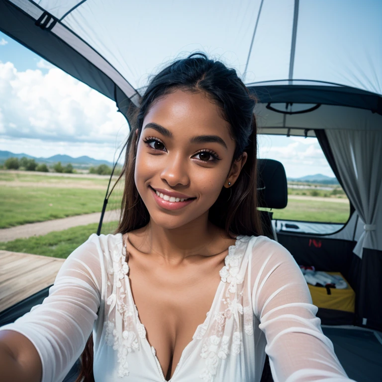 Beautiful brown girl with breathtaking smile camping on cloudy day，She takes a selfie from the top，She's having（（detailed skin textures）），realistic skin textures，（（big brown eyes））and cute lips，Petite girl wearing glamping outfit