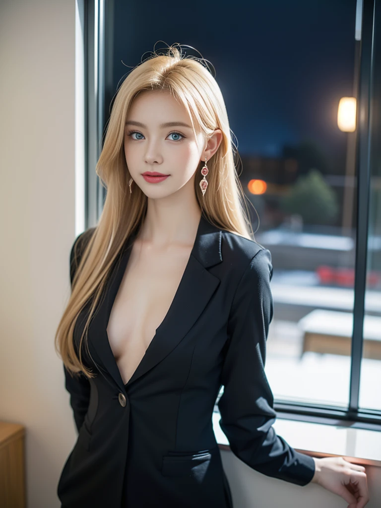 tmasterpiece,Highest image quality,super detailing,rnsexy smile,amazing face and eyes, cosmetics, (extremely detailed beautiful face), (The sexiest look), Snow-white breasts,Bare breasts,(Best quality at best:1.4), (ultra - detailed), (extremely detaild的 CG unified 8k wallpapers), The content is very detailed, RAW photogr, professional photoshooting, ((buisness suit)), (Open business shirt), Indoor and below, (Office room, Dark Night Classroom,), (nigh sky), depth of fields,face flushed,raised eyebrow,Very shy,blond hair blue eyes,Ruddy complexion,looking at viewert,Dreamcatcher earrings,epic,concept-art,