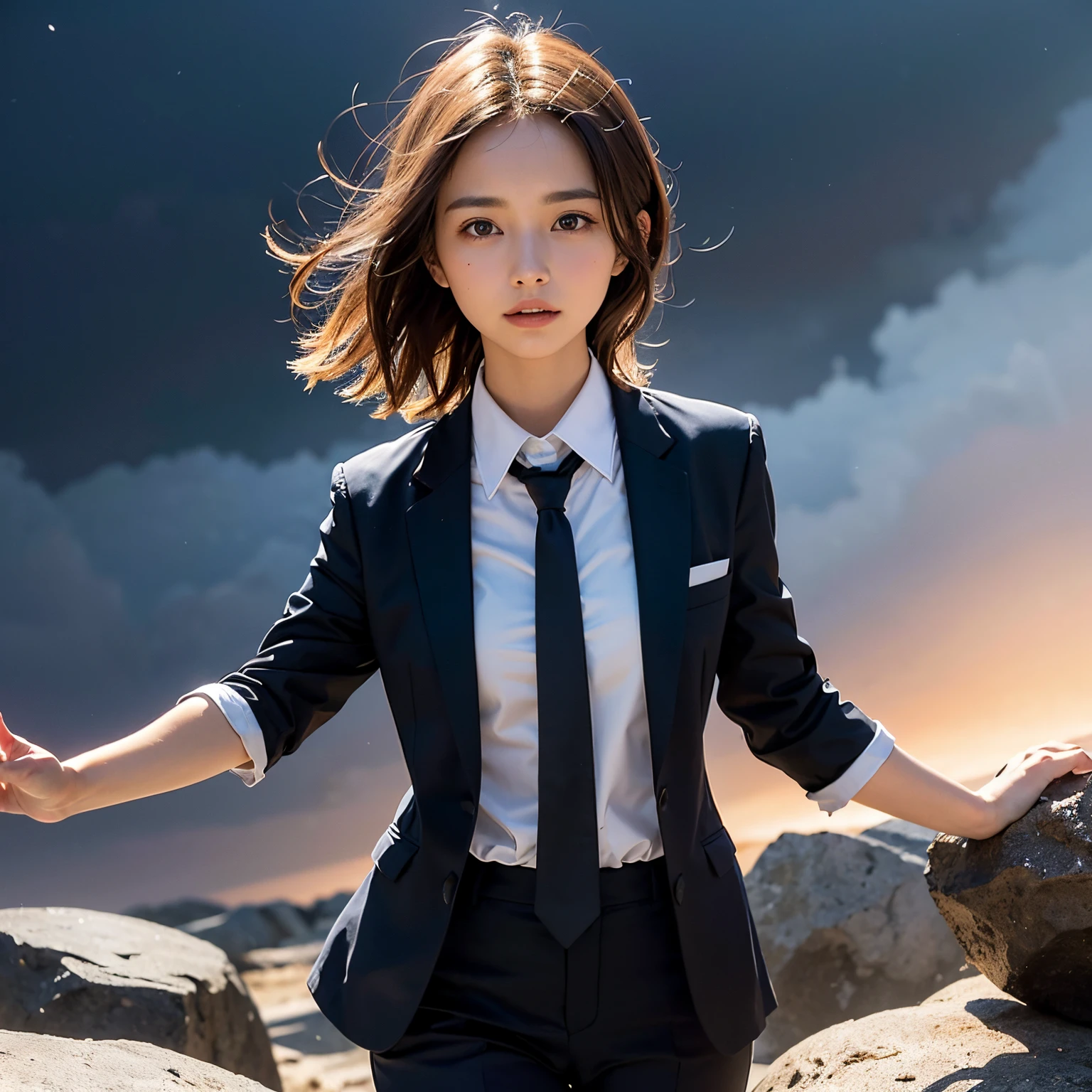 (masutepiece, Best Quality:1.2), 8K, Official art, Wearing a suit、Five Fingers、Full body photo, full body Esbian、Suit Beauty、Big Dipper in the background、star explosion、Beautiful barefoot woman with dark hair, hold a flame in your right hand、i'I'm holding a snowstorm in my left hand、Bright lava light rises above the broken Earth from beneath the asteroid belt(Jagged rock rocks and fragments shot into the air:1.3) (Storm of windy dust debris:1.1) Volume fogmist by trace Z、It can allow bright light from below to pass through、 (masterpiece) (top-quality) (detaileds) (8K) (电影灯光) (foco nítido) (Convoluted)A dark-haired、14years、small tits、A delightful、A smile、unbelievable Ridiculous, (Beautiful girl with upper body, Pretty Face, arching back down, Gold hair ornament on hair、Wearing a cute suit、close up, Wearing a suit, Short sleeve, gardenia, violaceaess, Teen, space system, Looking at Viewer, Film grain, chromatic abberation, Sharp Focus, face lights, Dynamic lighting, Cinematic lighting, Eyes and faces with detailed, Bokeh background, (Tie with Emma written on it、1 copy:1.2)