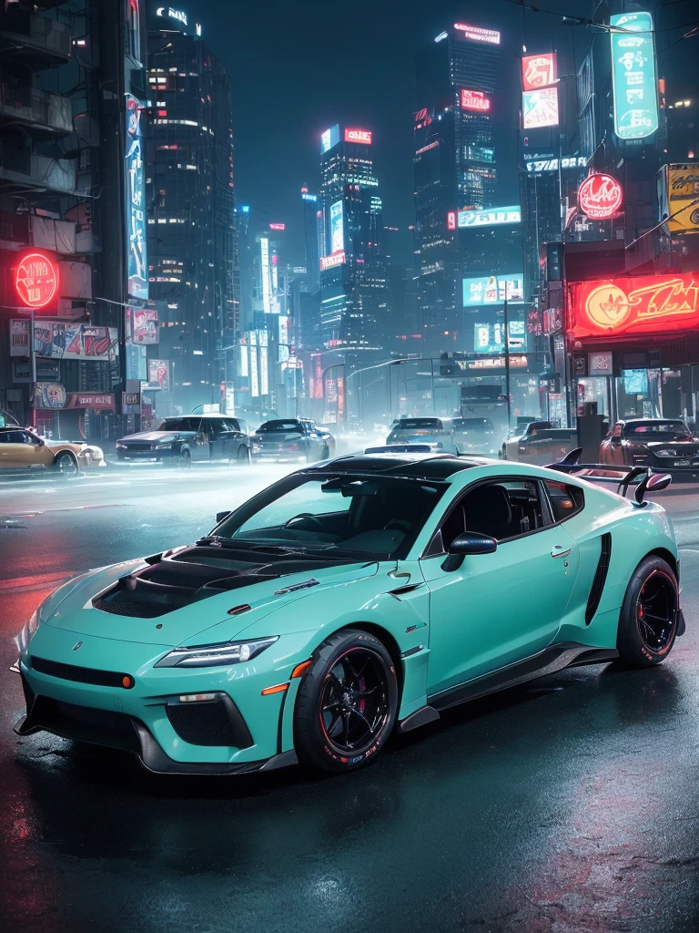 ((​masterpiece、top-quality、realisitic、ultra-detailliert、hight resolution、Photorealsitic、foco nítido、photographrealistic、Raw photography、lighting like a movie))、car park、((Futuristic Cyberpunk Hot Rod))、(With glowing tires)、3/4Front view、Cool car