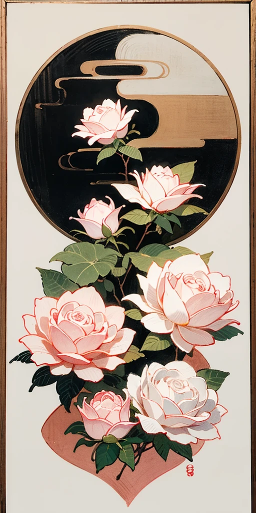 Japanese style/Japanese painting:Using traditional Japanese painting methods、pale pink and white roses、A painting in which delicate butterflies express the beauty of Japan.。