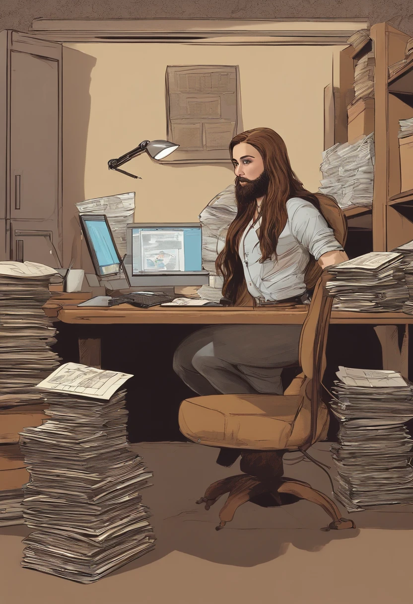 A photo of the character sitting at a computer desk, surrounded by stacks of printed documents and a conspiracy theory board on the wall behind her.,original,Waifish, dirty, long hair, long beard, dressed in dirty ill-fitting clothes, male