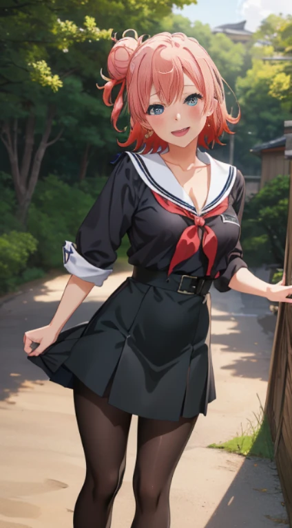 masutepiece, High quality, Best Quality, High resolution, 4K, High Definition, Beautiful lighting,1girl in, Short hair, Pink hair, Pink eyes, Yui, Hair bun, ((wide smile))、blushing、japanes、red blush, full pose, 2d, masterpiece, best quality, anime, full body, full pose, highly detailed, cowboy shot, 1girl, solo, blue eyes, ((black short dress)), bangs, medium breasts, ((black pantyhose)), blushing, ((standing)),((school shoes)), cowboy shot, looking at viewer, forest background,