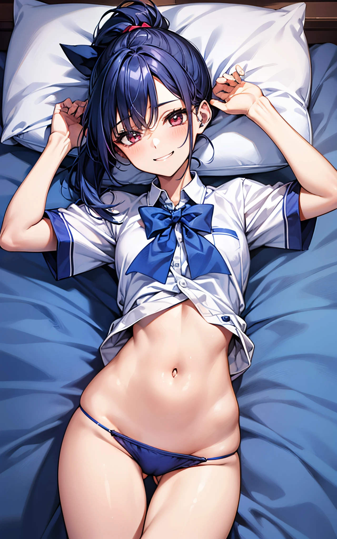 Perfect human body、She is wearing an indigo high school uniform.、Blue ponytail、Lying on the bed、inviting me、red tide、perspiring、Inappropriate smile、white shirt thighs、a navel、Spread your crotch