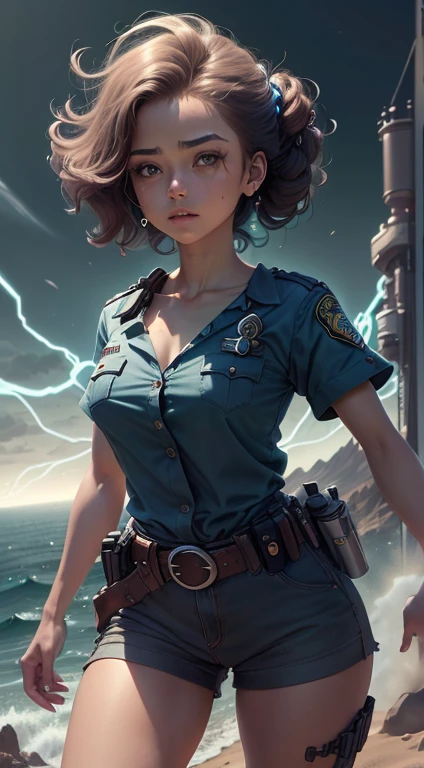 (((anatomia perfeita, Pele super detalhada))), 1 girl, Japanese, menina policial, pele brilhante, seios grandes:0.5, Desviando o olhar, Olhando para cima, Observando a vista,
cabelo bonito, beautiful face, belos olhos detalhados, (cabelos longos), cabelos loiros, franja, cabelo entre os olhos, olhos vermelhos,
beautiful collarbone, Corpo bonito, peito bonito, coxas bonitas, beautiful legs, babyface, toupeira sob o olho,
((Uniforme de Policial, camisa azul clara manga curta, gravata azul marinho, minissaia cintura alta), belt, luvas brancas, police hat, algema), Coxas sedutoras,
(((visando o espectador, segurando pistola, handgun))), ,
(beautiful scenery), deserto, Cidade em chamas,
8k, qualidade superior, obra prima:1.2, extremamente detalhado),