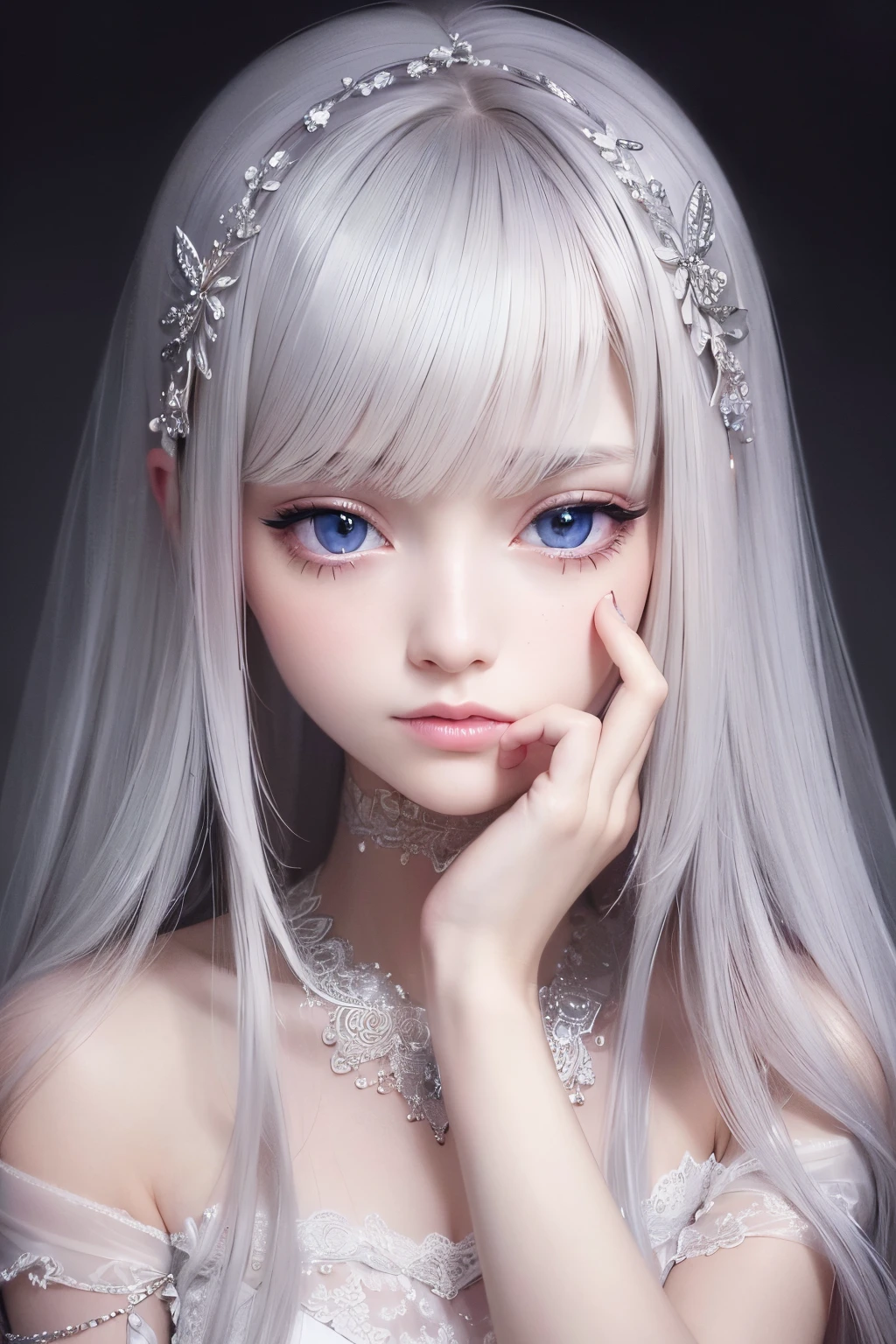 Watercolor art, Accurate and delicate line drawing, femele, monochromes, Beautiful and delicate, art by, The 8k quality, masutepiece, Fantastical, up of face, Beautiful skins, long lashes, Double eyelids, big eye, hightquality, Detailed eyes, tthin eyebrows, Put your hands on your face,
