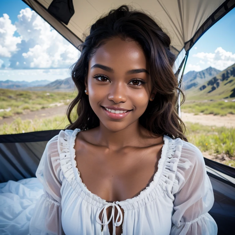 Beautiful brown skin girl with a breath taking smile is glamping on a cloudy day, she takes a selfie with a view from the top, she has ((detailed skin texture)), lifelike skin textue, ((big brown eyes)) and cute lips, petite girl wearing a glamping outfit