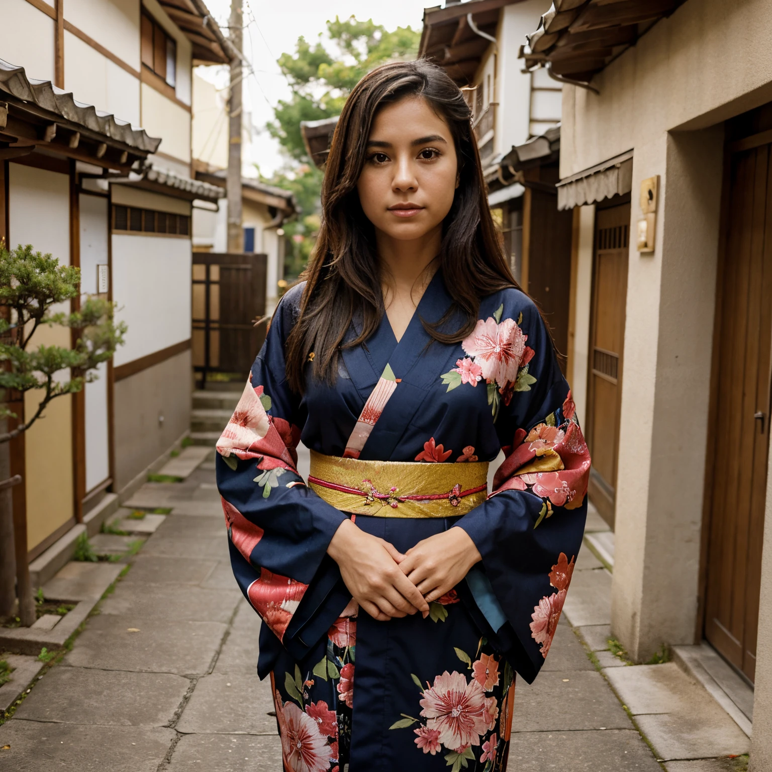 A spanish American that does not exist in the real world wearing a Japanese kimono